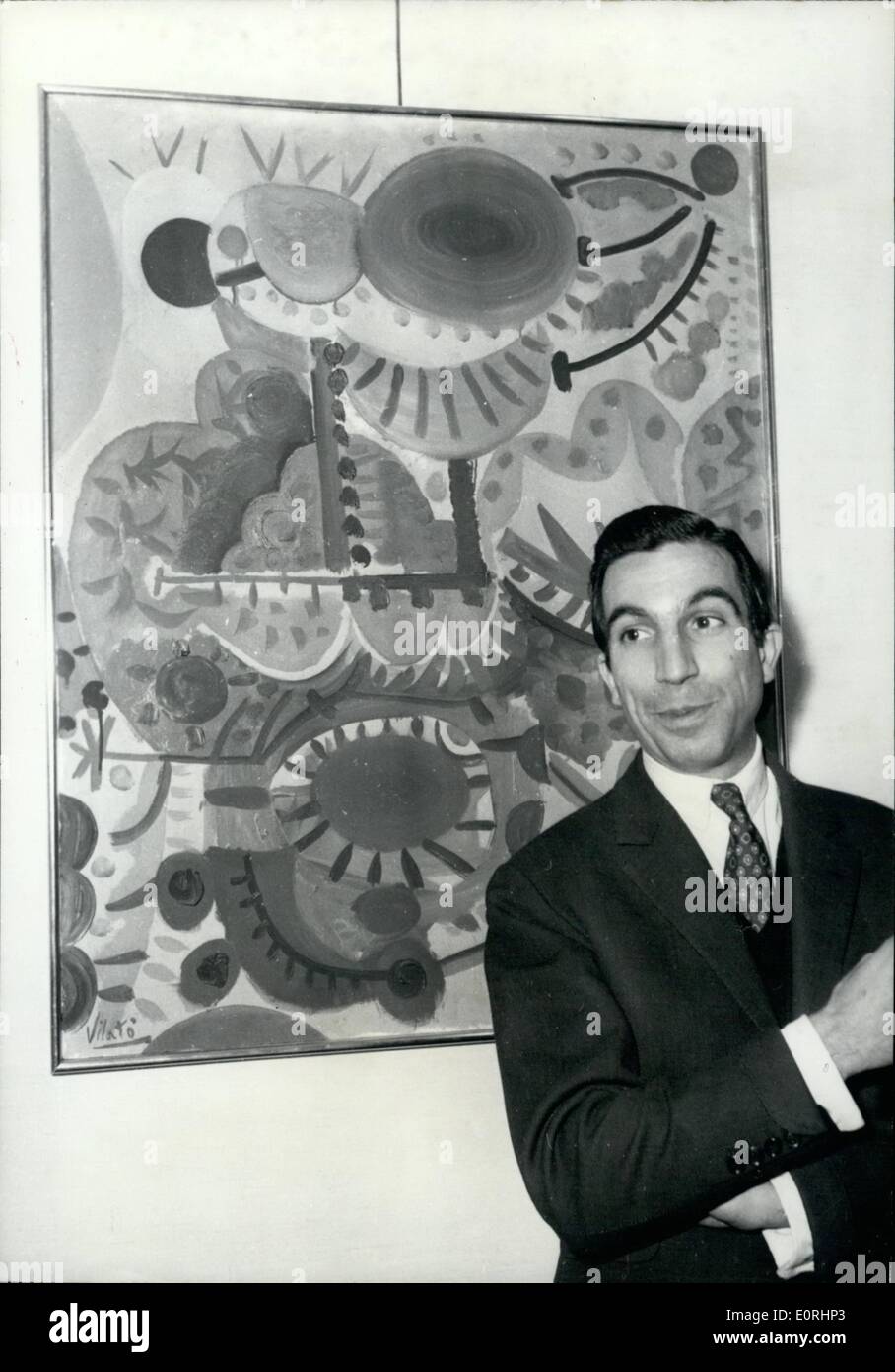 11 novembre 1959 - Gypsy Artiste Picasso's Nephew expose à Paris. L'Espagnol de 37 ans artiste tsigane Vitaly, le neveu de Pablo Picasso (il est le fils du célèbre peintre's sister) est maintenant l'exposition à Paris, Vitaly's style est complètement différent de son célèbre oncle idées. OPS : Vitaly devant une de ses peintures. Banque D'Images