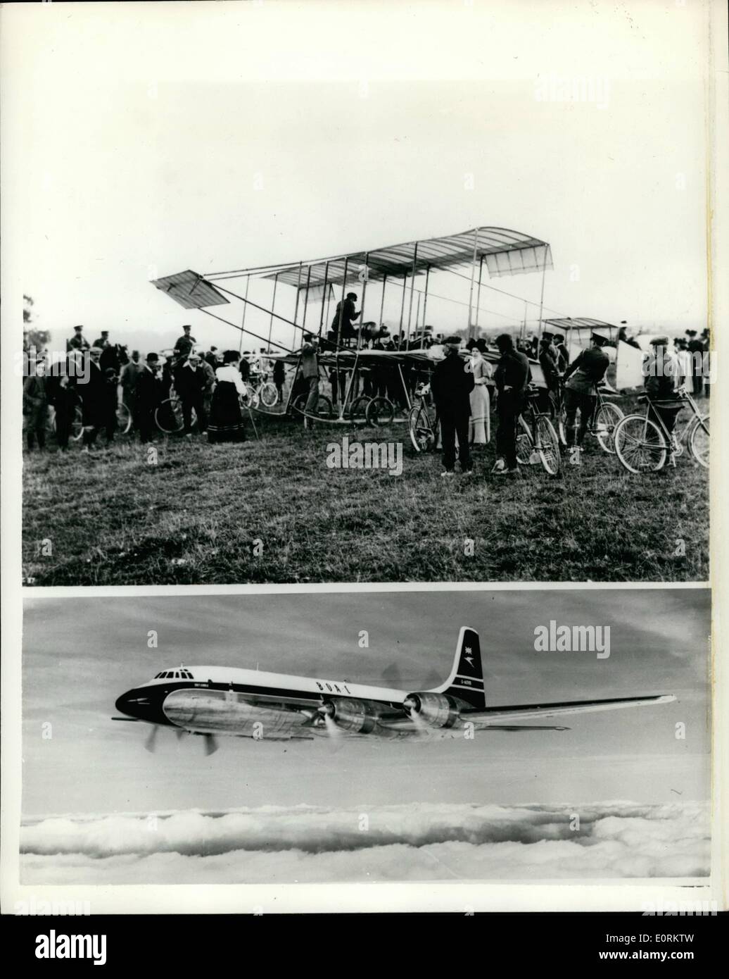 01 janvier, 1960, anciens et modernes, 50 ans si l'aviation, l'Boxkite - et le Bristol Britannia..la célèbre entreprise allemande fête son cinquantième anniversaire le 19 février 1960..La compagnie a fabriqué son premier avion en 1910 littee - plus de six ans après les frères Wright avaient obtenu leur époque faisant vol à Kittyhawk..Le premier avion Bristol - le Boxeite a biplan en production quelques mois après la formation Banque D'Images