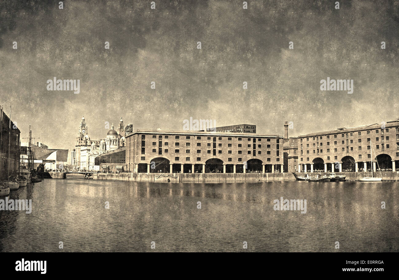 L'Albert Dock et du foie de Liverpool, Royaume-Uni Bâtiments Vintage filtre appliqué Banque D'Images