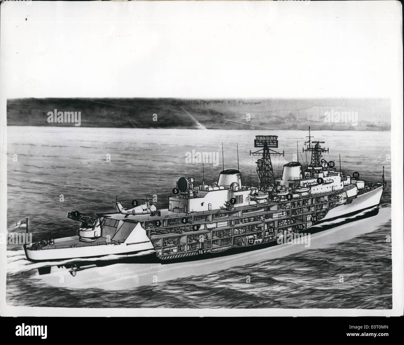 Juin 06, 1960 - La Royal Navy's premier destroyer lance-missiles : un dessin hors de la Royal Navy's premier destroyer lance-missiles qui sera lancé et nommée aujourd'hui Devonshire par H.R.H, Princess Alexandra au cour de Birkenhead Laird et chameau (Société des ingénieurs et constructeurs Ltd) du Devonshire sera le premier navire opérationnel de la Royal Navy à être montés navire opérationnel de la Royal Navy pour être équipé avec la gamme moyenne Seaslug navire pour des missiles guidés de l'air et le Seacat, le navire à courte portée de l'arme de l'air. Son 4 Banque D'Images