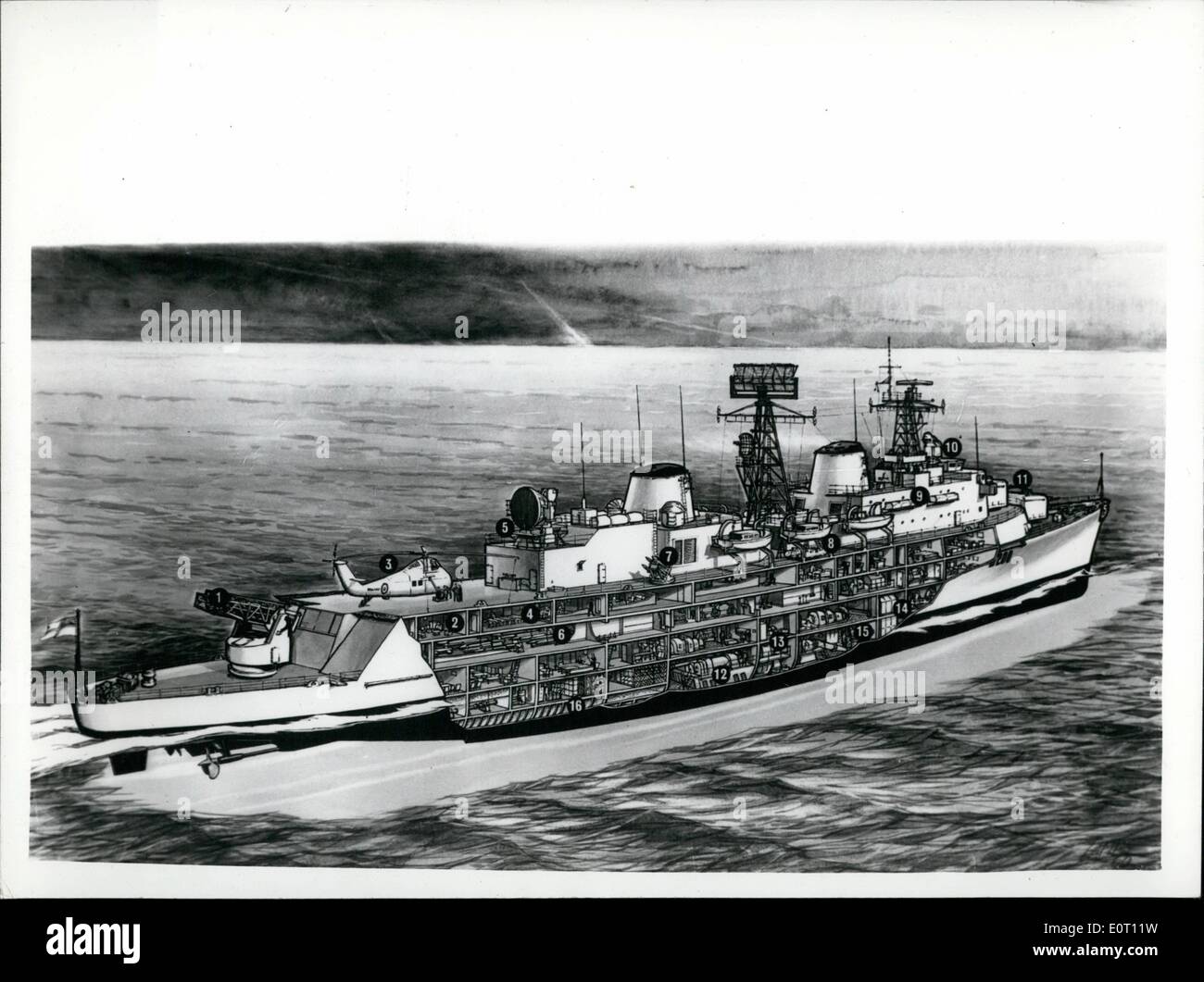 Juin 06, 1960 - La Royal Navy's premier destroyer lance-missiles : un sit-voiture dessin de la Marine royale, premier missile téléguidé dstroyer qui sera lancé et nommé d'evinshire aujourd'hui par H.R.G. La Princesse Alexandra et à l'Birkenshead hier de Camel Laird et de l'entreprise (constructeur de navires et d'ingénieurs Ltd) du Devonshire sera le premier navire opérationnel de la Royal Navy pour être le premier navire opérationnel de la Royal Navy pour être monté avec le navire à moyenne portée Seaslug-to-air missile guidé et le Seacat, la gamme courte Ship-to-air arme ;. Son 4 Banque D'Images