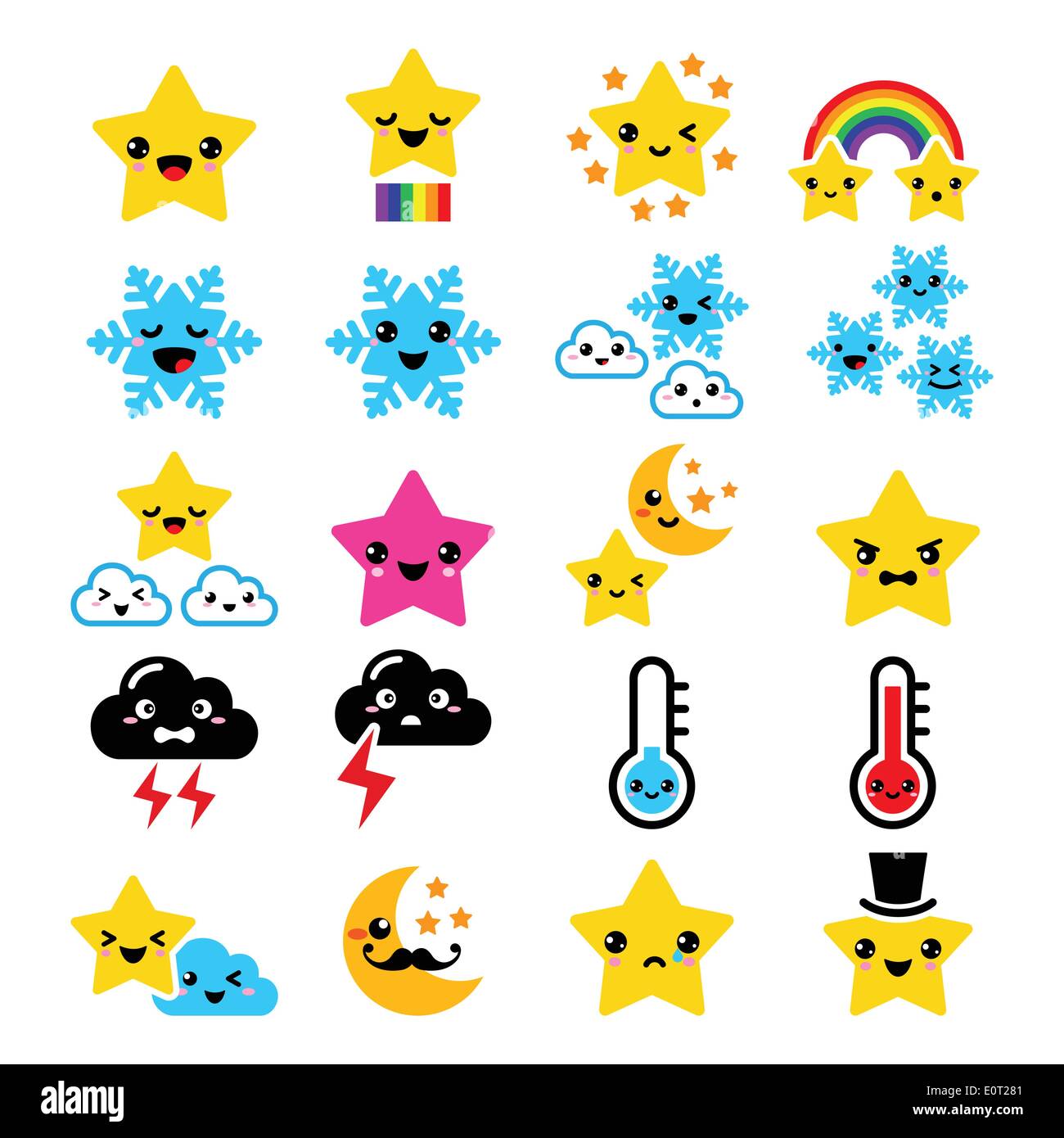 Météo Cute kawaii icônes -star, arc-en-ciel, lune, Flocon, tonnerres et de nuages Illustration de Vecteur