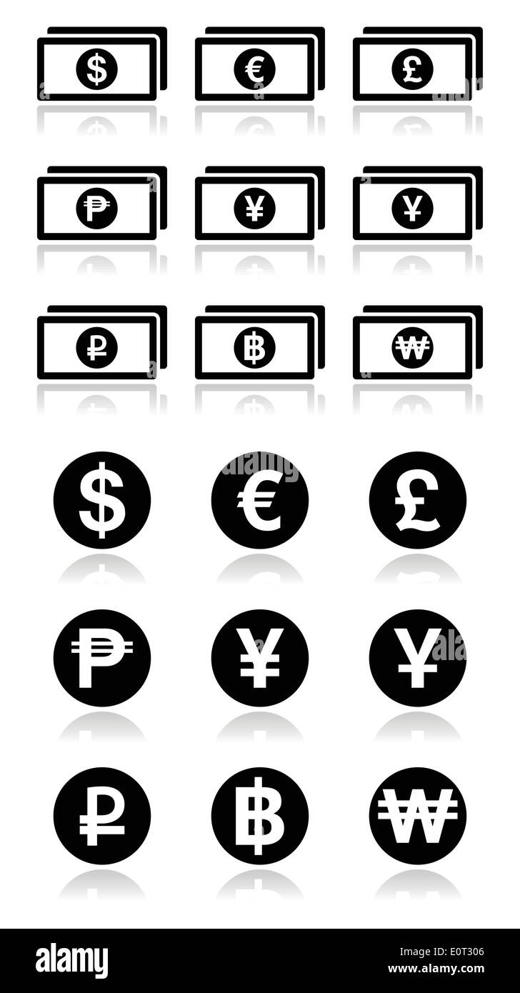 Service de Change les symboles - billets de banque et pièces icons set Illustration de Vecteur