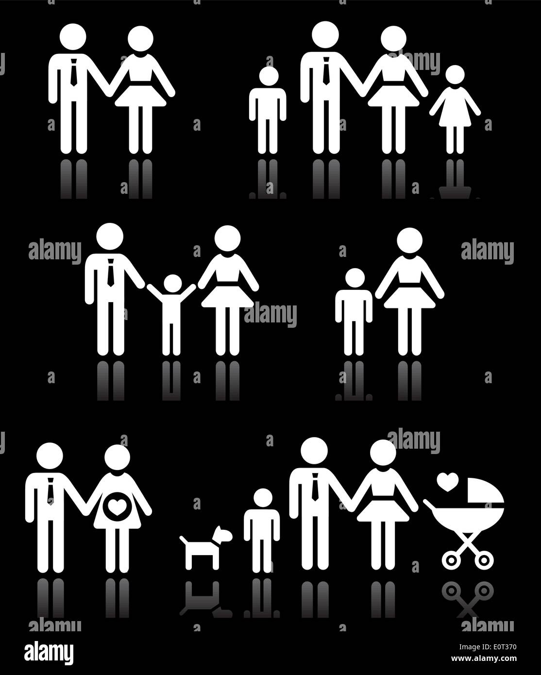 Famille, parents et enfants, femme enceinte icons set sur noir Illustration de Vecteur