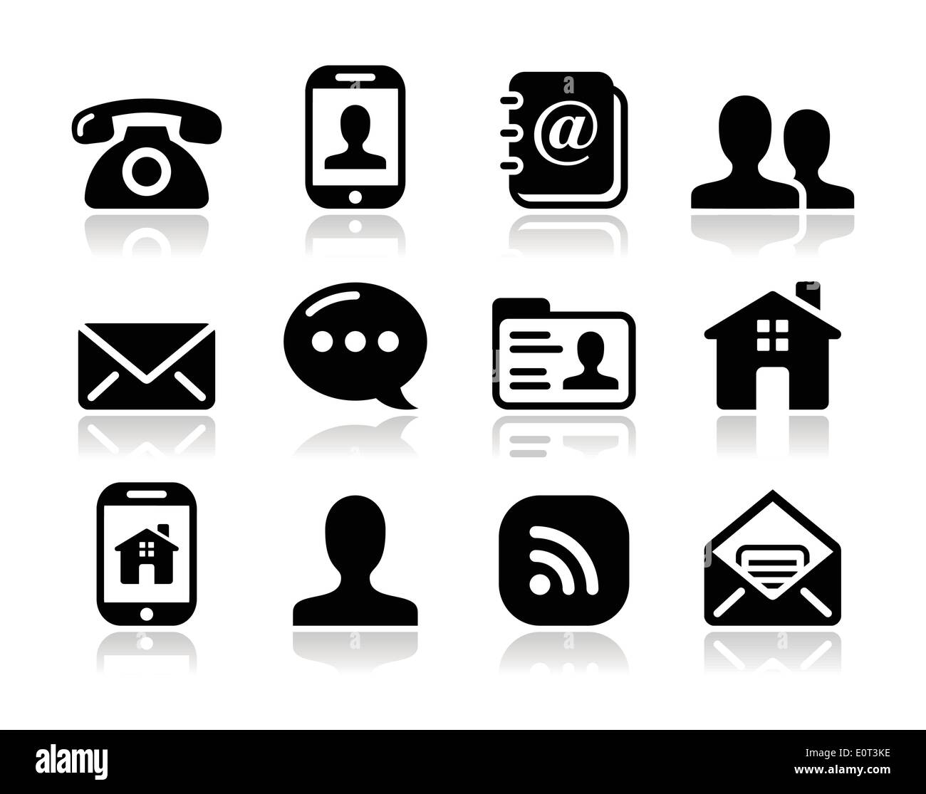 Contact icons set noir - mobile, utilisateur, e-mail, téléphone intelligent Illustration de Vecteur