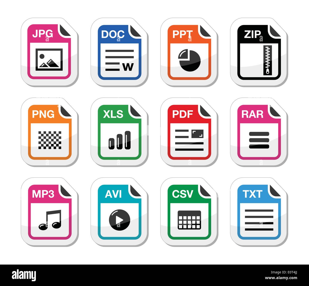 Les icônes de type de fichier en tant qu'étiquettes set - zip, pdf, jpg, doc Illustration de Vecteur