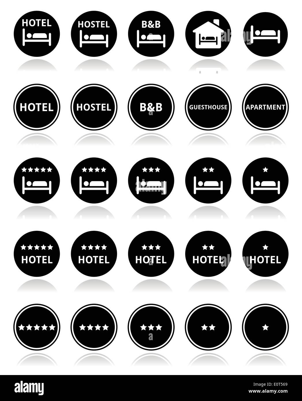 Hôtel, auberge, B&B avec étoile tour icons set Illustration de Vecteur