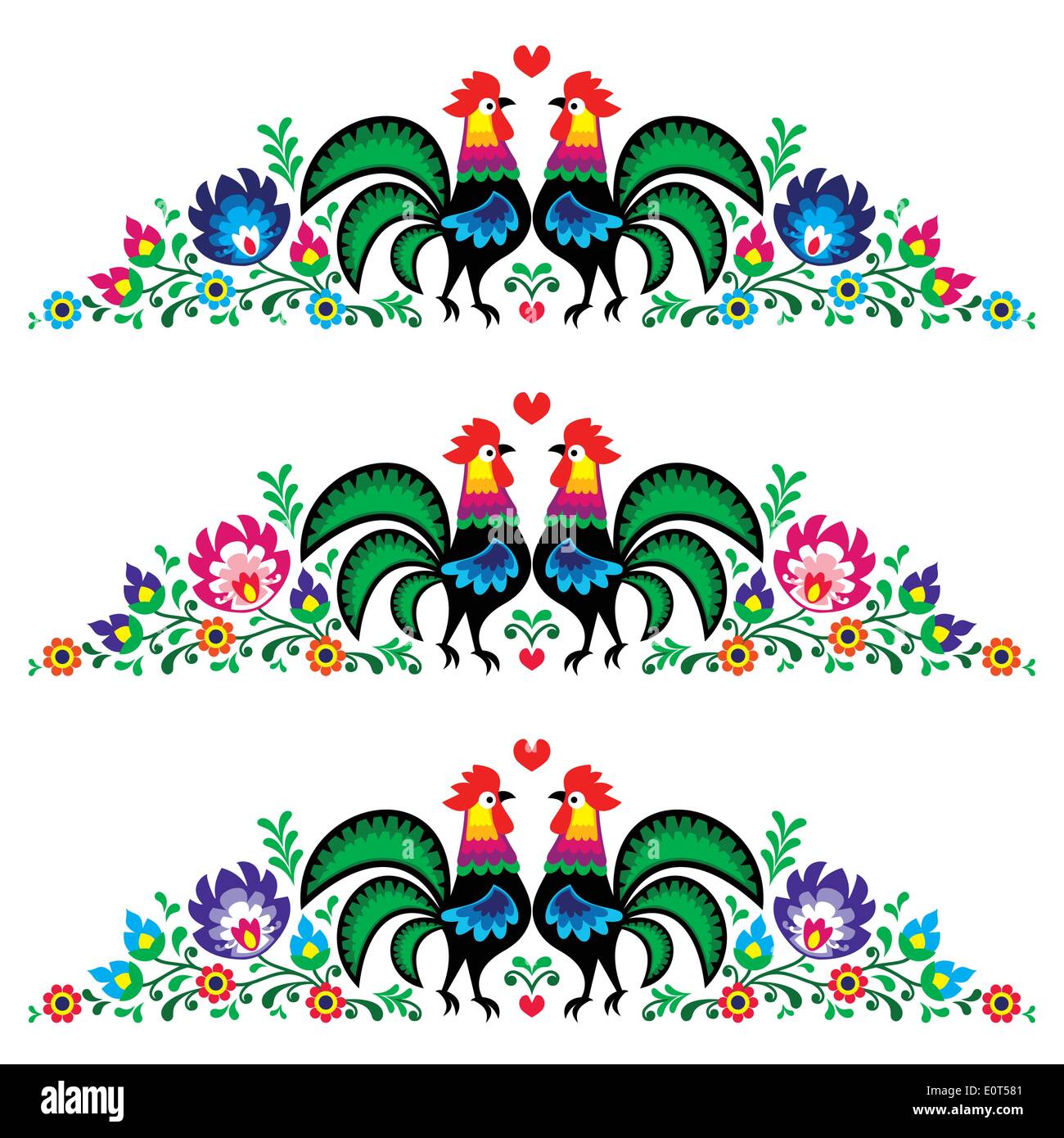 Polish folk floral motif broderie longue avec coqs - wzory lowickie Illustration de Vecteur