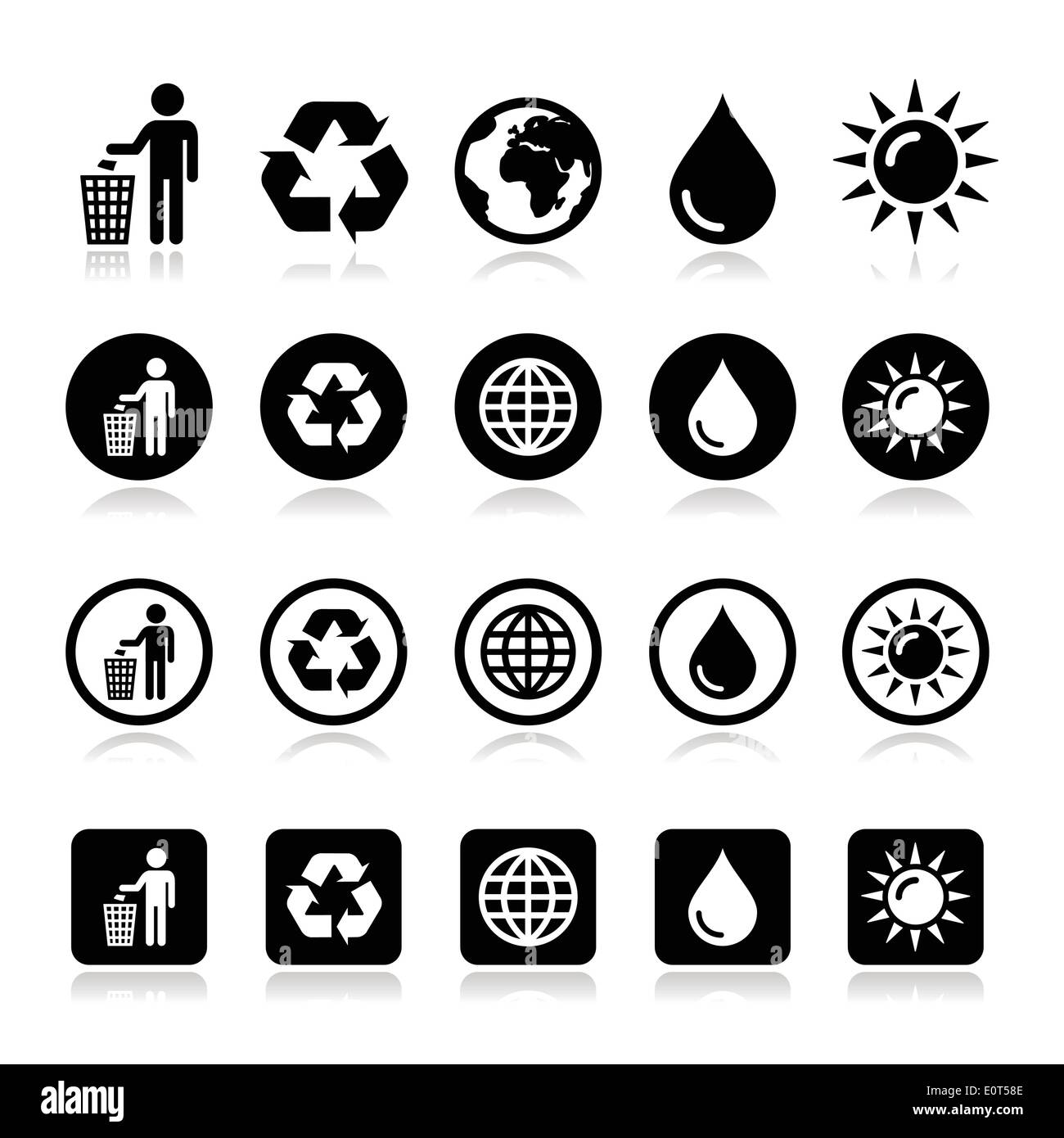 L'homme et bin, recyclage, globe, eco power icons set Illustration de Vecteur