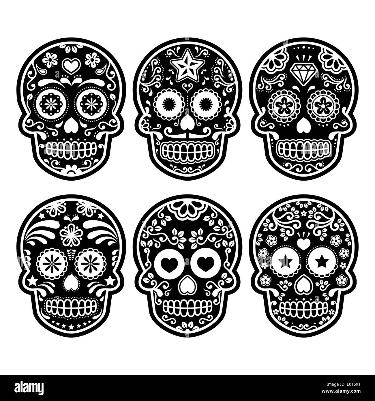 Crâne en sucre mexicain, Dia de los Muertos colorful icons set Illustration de Vecteur