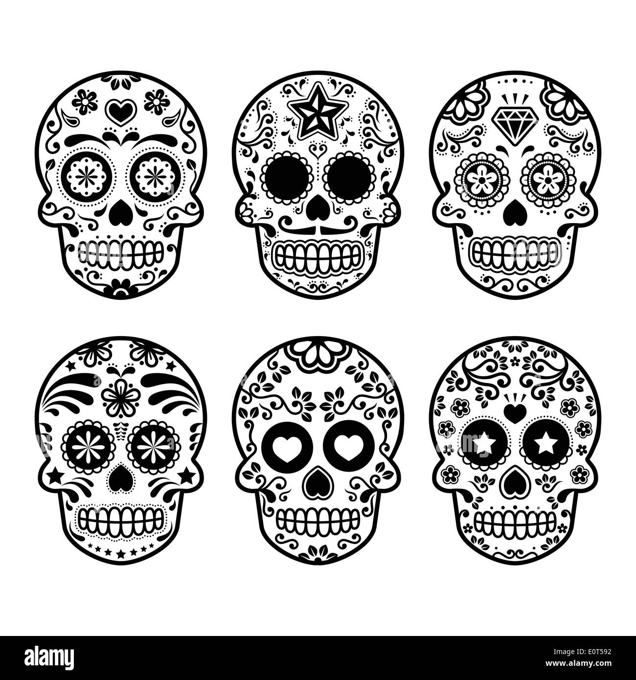 Crâne en sucre mexicain, Dia de los Muertos icons set Illustration de Vecteur