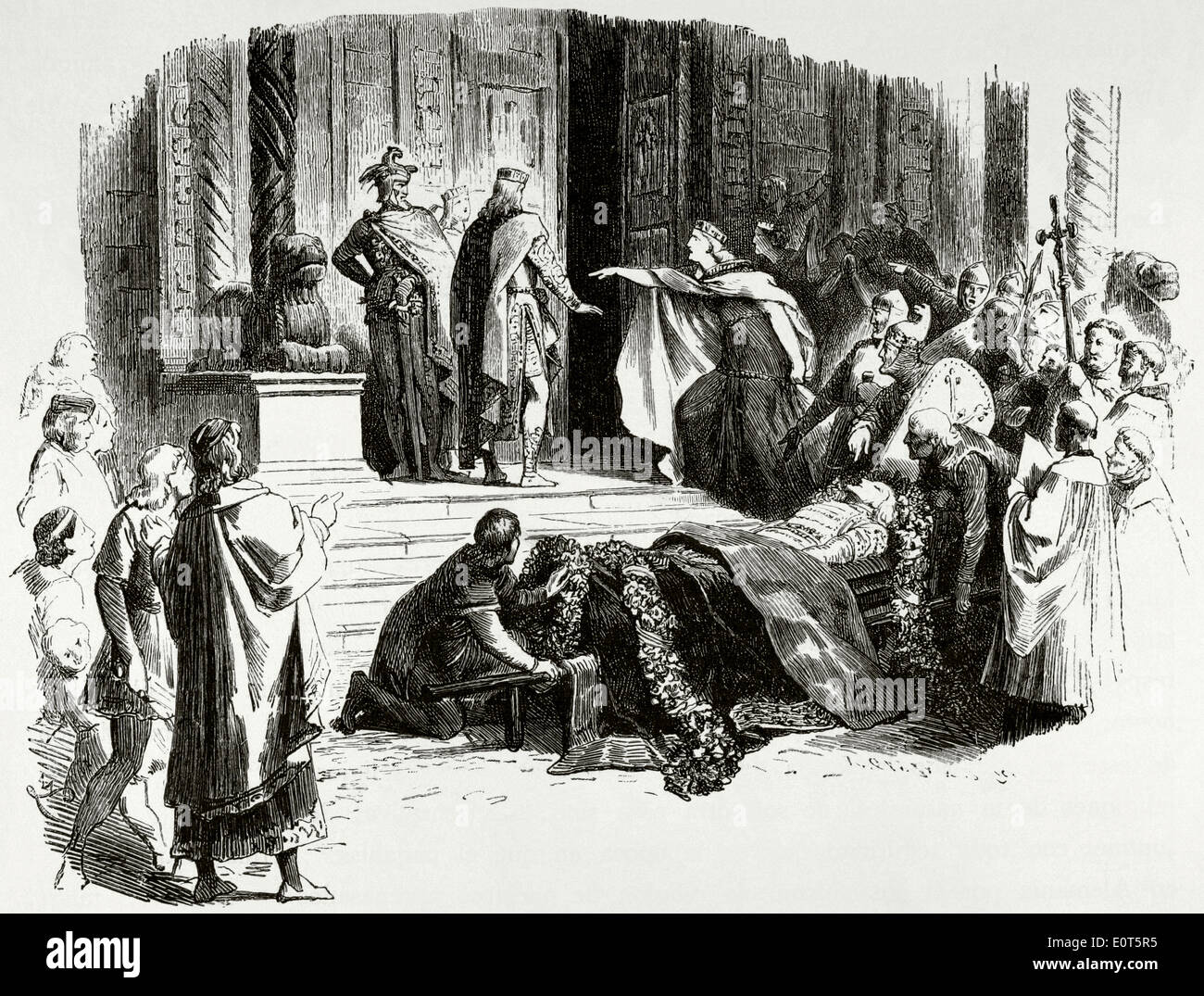 Des Nibelungen. Poème anonyme. 13e siècle. Kriemhild scène exigeant la preuve du cercueil. La gravure. Banque D'Images