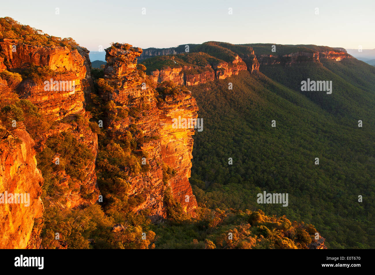Boar Head et Narrow Neck dans le parc national des Blue Mountains au coucher du soleil. Banque D'Images