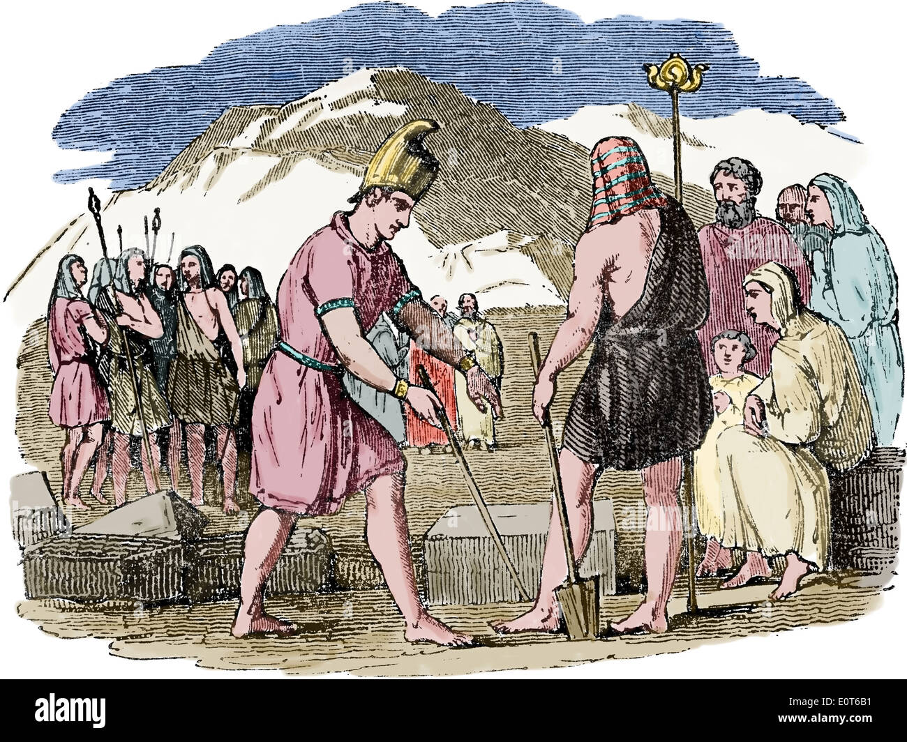 Fondation d'Argos, Grèce. Inachus et ses amis ont fondé la ville d'Argos, Pelopennesus. Banque D'Images