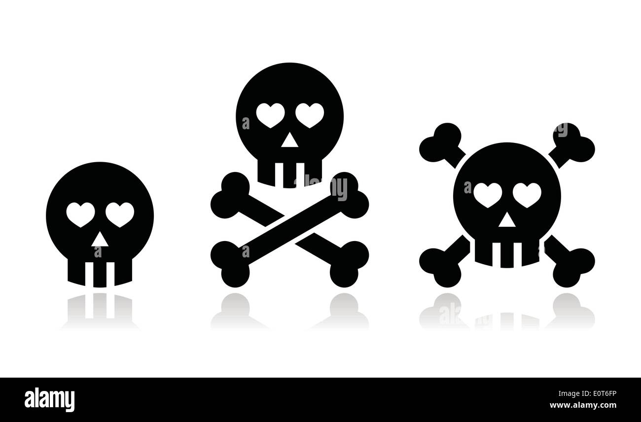 Cartoon crâne avec les os et le cœur vector icon set Illustration de Vecteur