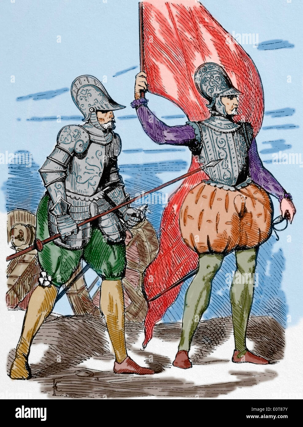 L'Europe. L'âge moderne. 1550-1600). Les soldats français. La gravure. Plus tard la couleur. Banque D'Images