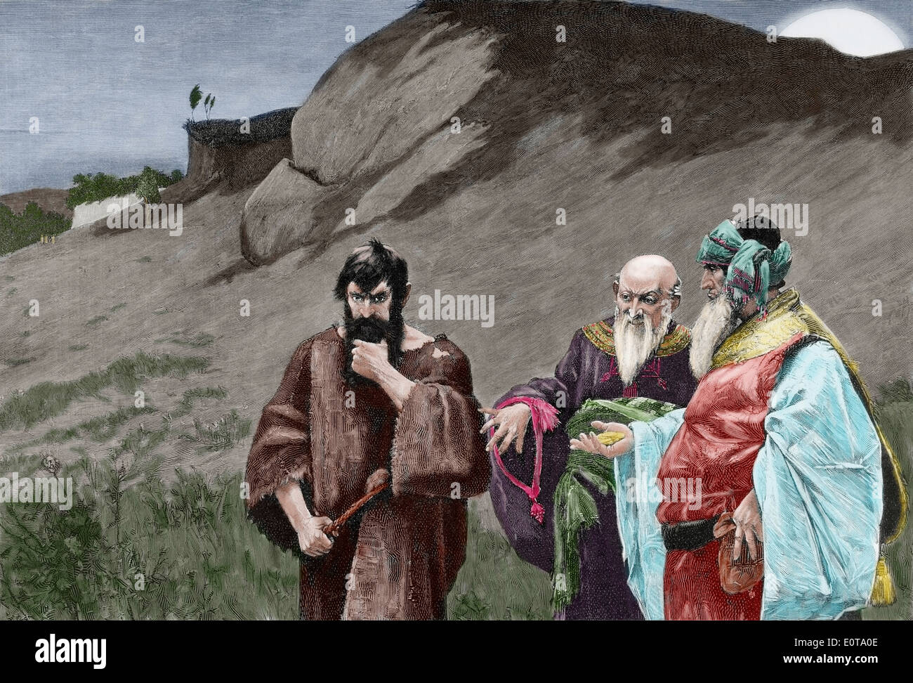 Judas Iscariot. La trahison de Jésus en échange d'un paiement de trente pièces d'argent. Gravure en couleur. Banque D'Images