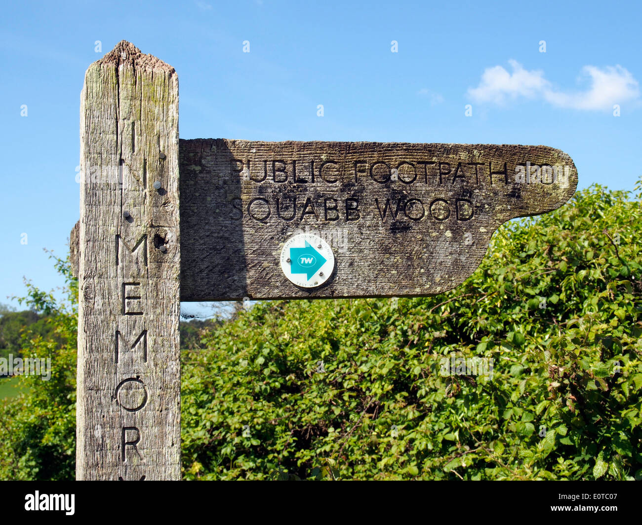 Doigt en bois patiné signe sur l'Tester Valley Way sentier à la périphérie de Romsey Hampshire pointant vers pigeonneau Bois. Banque D'Images
