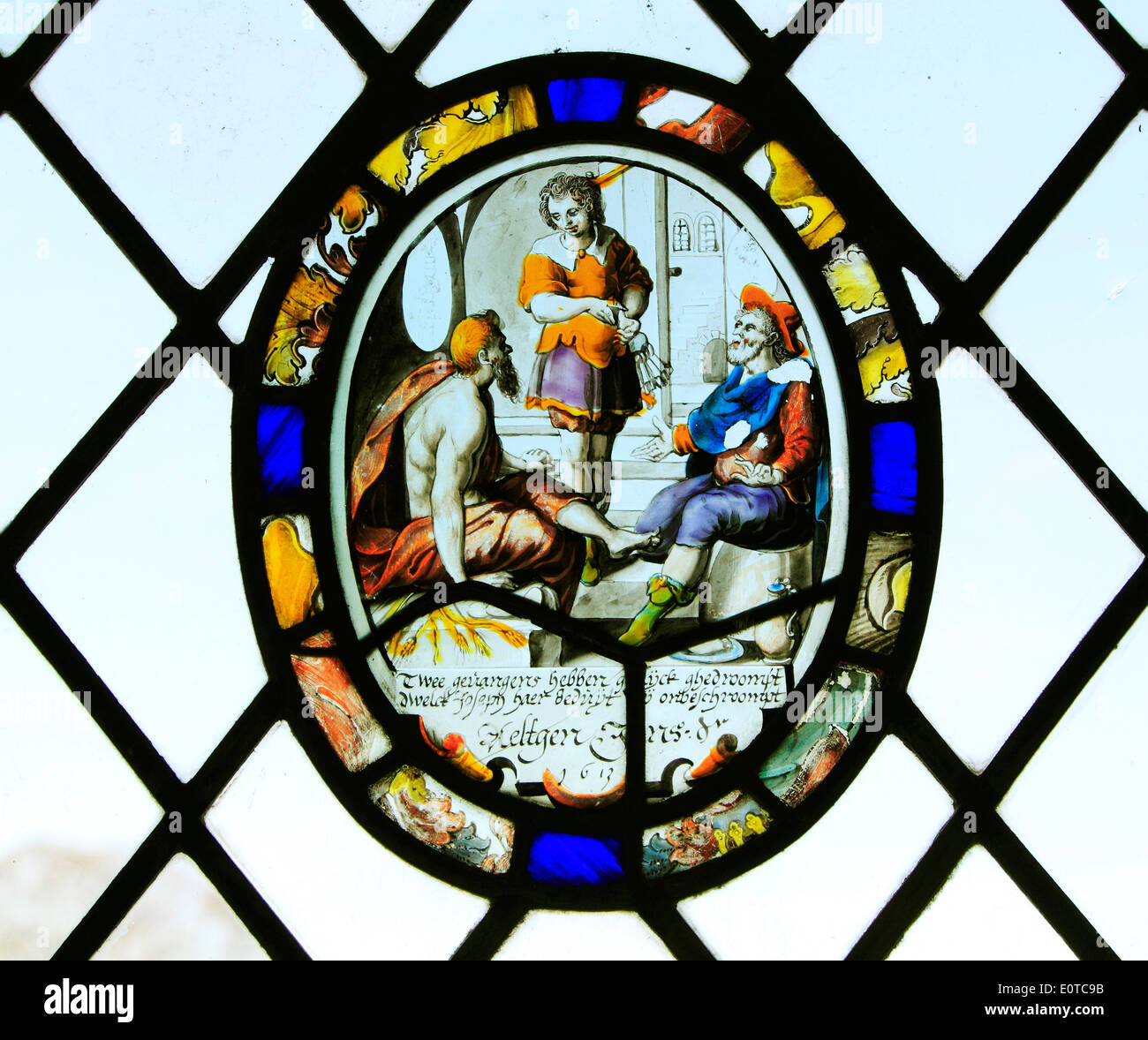 17e siècle néerlandais flamand vitrail, daté 1613, Barningham, Norfolk Angleterre Royaume-uni cocardes cocarde Banque D'Images