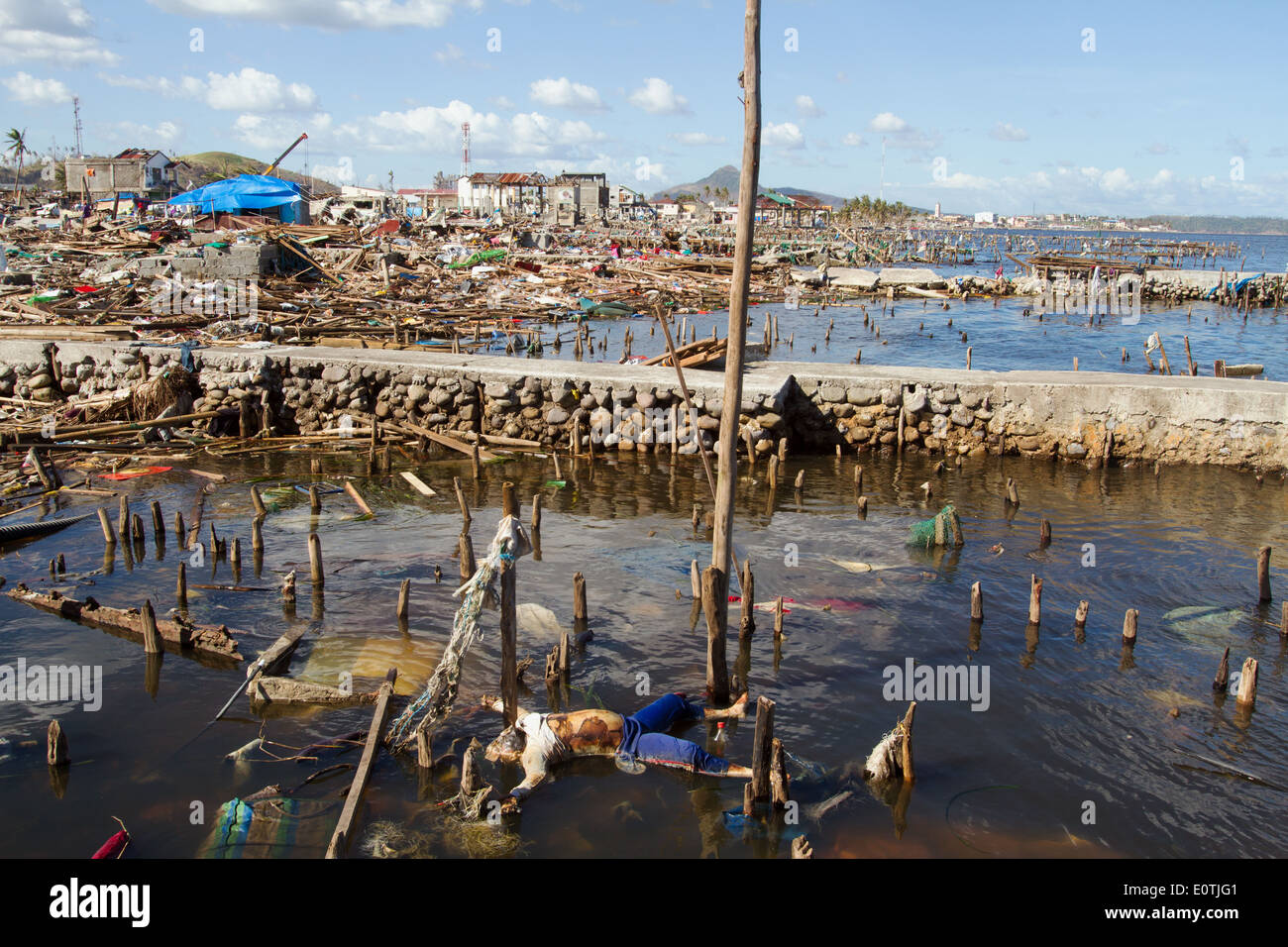 Cadavre flottant après le typhon Haiyan aux Philippines Ville Tacloban aplati Banque D'Images