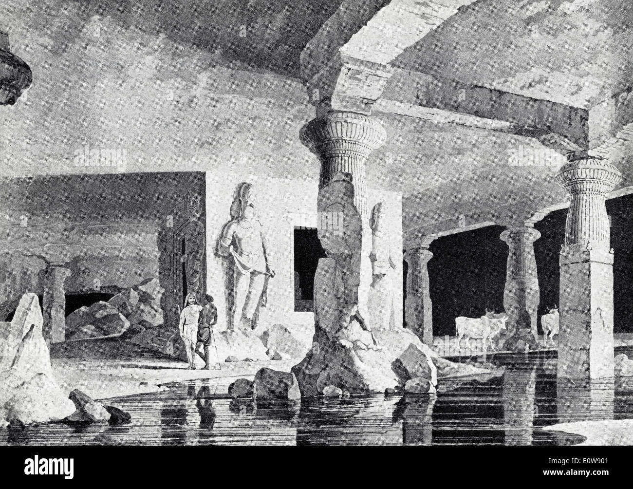 Vue de l'intérieur de grottes d'Elephanta près de Bombay par les artistes Thomas & William Daniell vers 1800 Banque D'Images