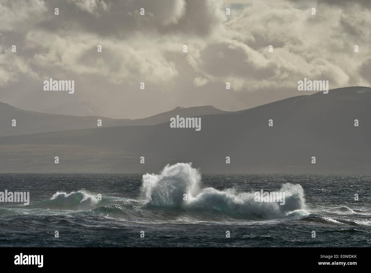 Vagues se brisant sur un récif, Isfjorden, Spitsbergen, Svalbard, îles Svalbard et Jan Mayen (Norvège) Banque D'Images