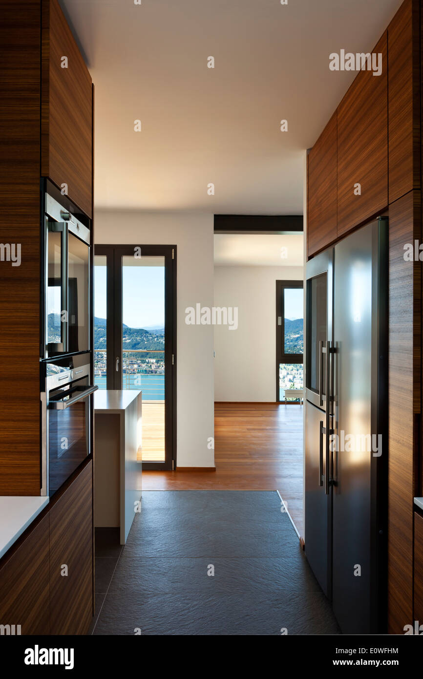 Appartement moderne, vue de la cuisine Banque D'Images