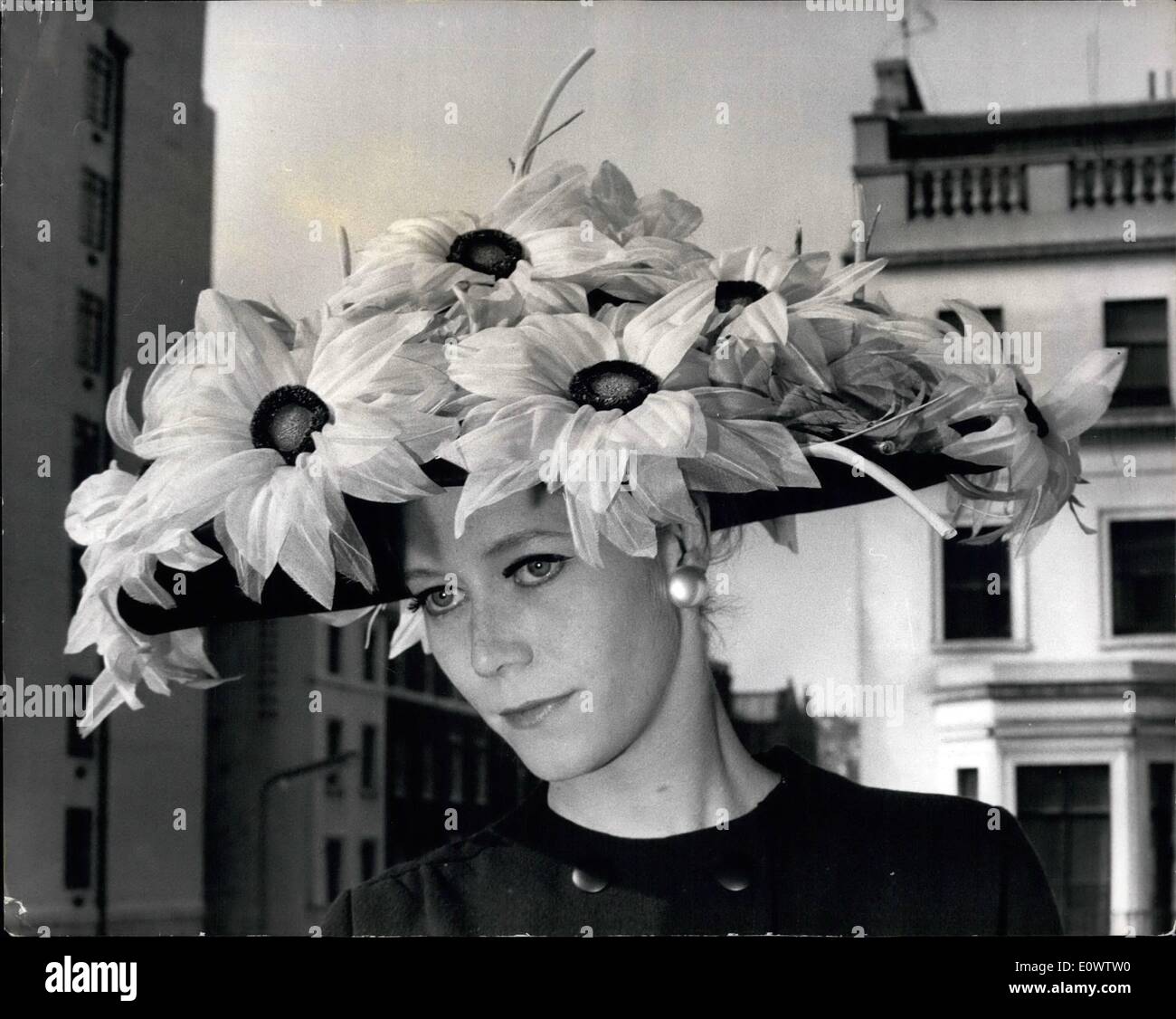 Mar. 03, 1964 - Simone Mirman Collection de printemps : Une présentation a été faite à la Belgrave Square de beauté de la Collection Printemps de chapeaux par Simone Mirman. Photo montre Philippa Hare modèles un coolie hat géant recouvert d'organza. margeruites Banque D'Images