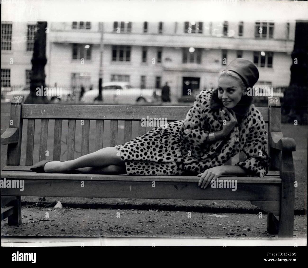 19 janvier 1965 - Modèle d'Afrique du Sud - vient à Londres. : joli modèle - Patricia Rood, vu comme elle détendue sur un siège dans le quartier londonien de Berkeley Square hier - bien que vêtus de peaux. Les skins sont sous la forme d'une combinaison moulante suede - cheetah manteau à col de vison et cuir un comp-box hat. Patricia - 23 ans fille d'un ancien député, est devenu son pays au sujet du "modèle de l'année'' - le mois dernier - qui a gagné un voyage à Londres et l'occasion de Norman Hartnell modèle's Spring Collection. Banque D'Images