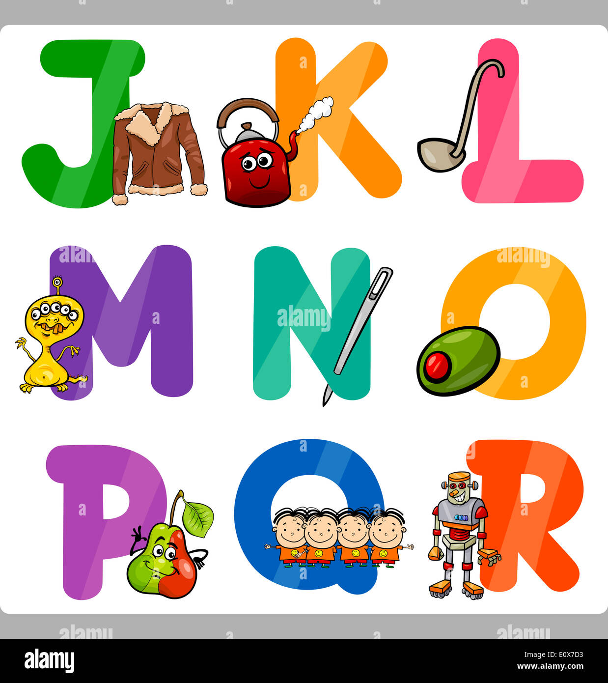 Cartoon Illustration de Funny les lettres en alphabet latin avec des objets pour l'enseignement de la langue et le vocabulaire de J à R Banque D'Images