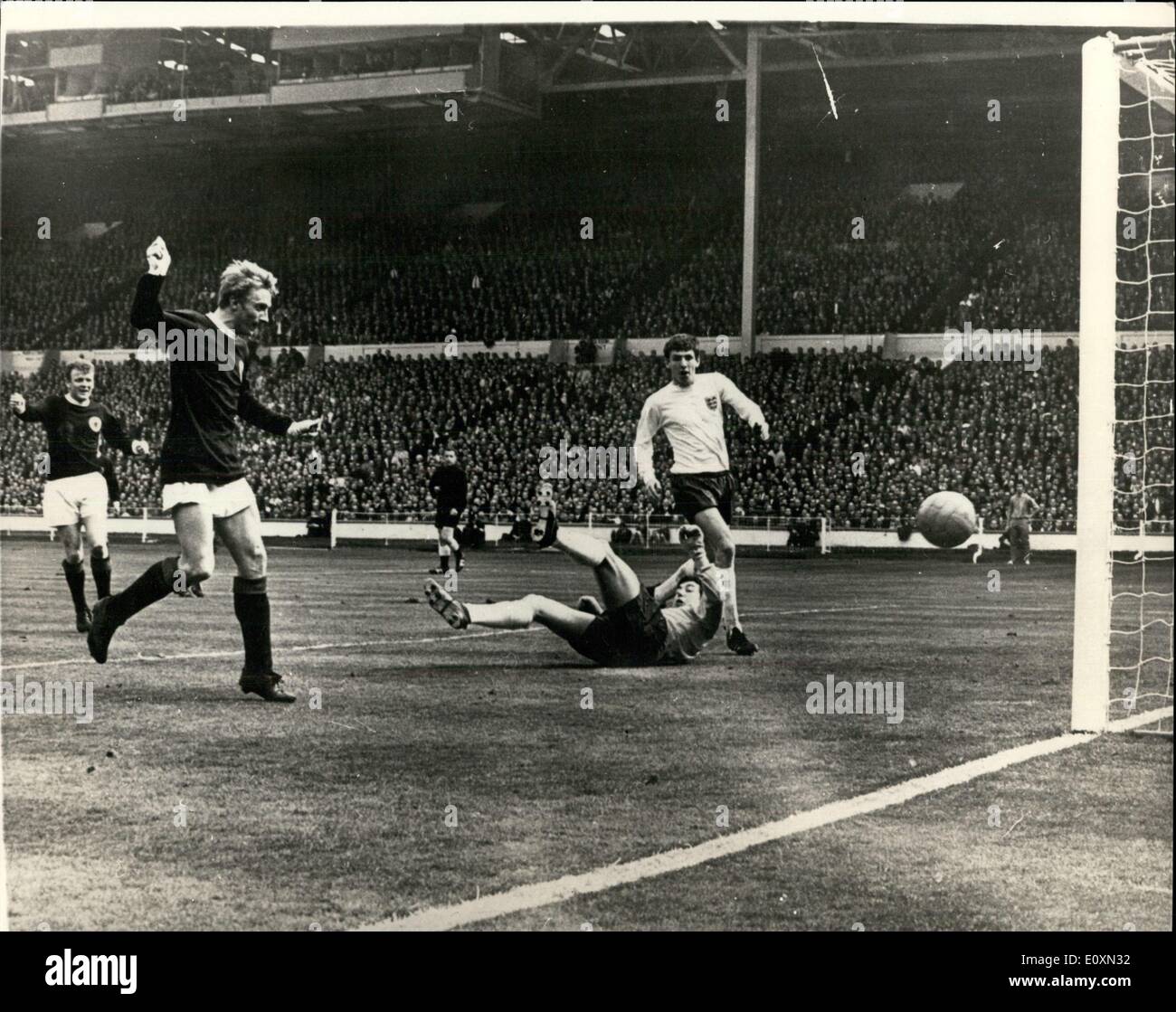 15 avril 1967 - L'Angleterre a battu 3-2 par l'Angleterre à Wembley Photo montre : Dennis Law l'intérieur Scotish pervers vu marquant son premier but contre des équipes de l'Angleterre à Wembley aujourd'hui sur le terrain est le gardien de l'Angleterre les banques avec Martin Animaux domestiques fonctionnant en mais il est trop tard. Banque D'Images