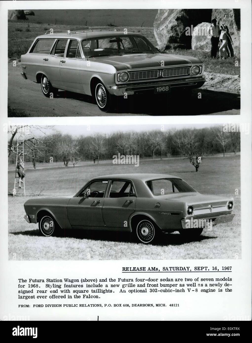 Septembre 16, 1967 - Le Futura Station Wagon (ci-dessus) et la berline quatre portes Futura sont deux des sept modèles pour 1968. Styling : une nouvelle calandre et pare-chocs avant ainsi que l'extrémité arrière de conception nouvelle avec feux arrière carré. En option un 302 pouces cubes V-8 est le plus grand moteur jamais offert dans Falcon. Banque D'Images