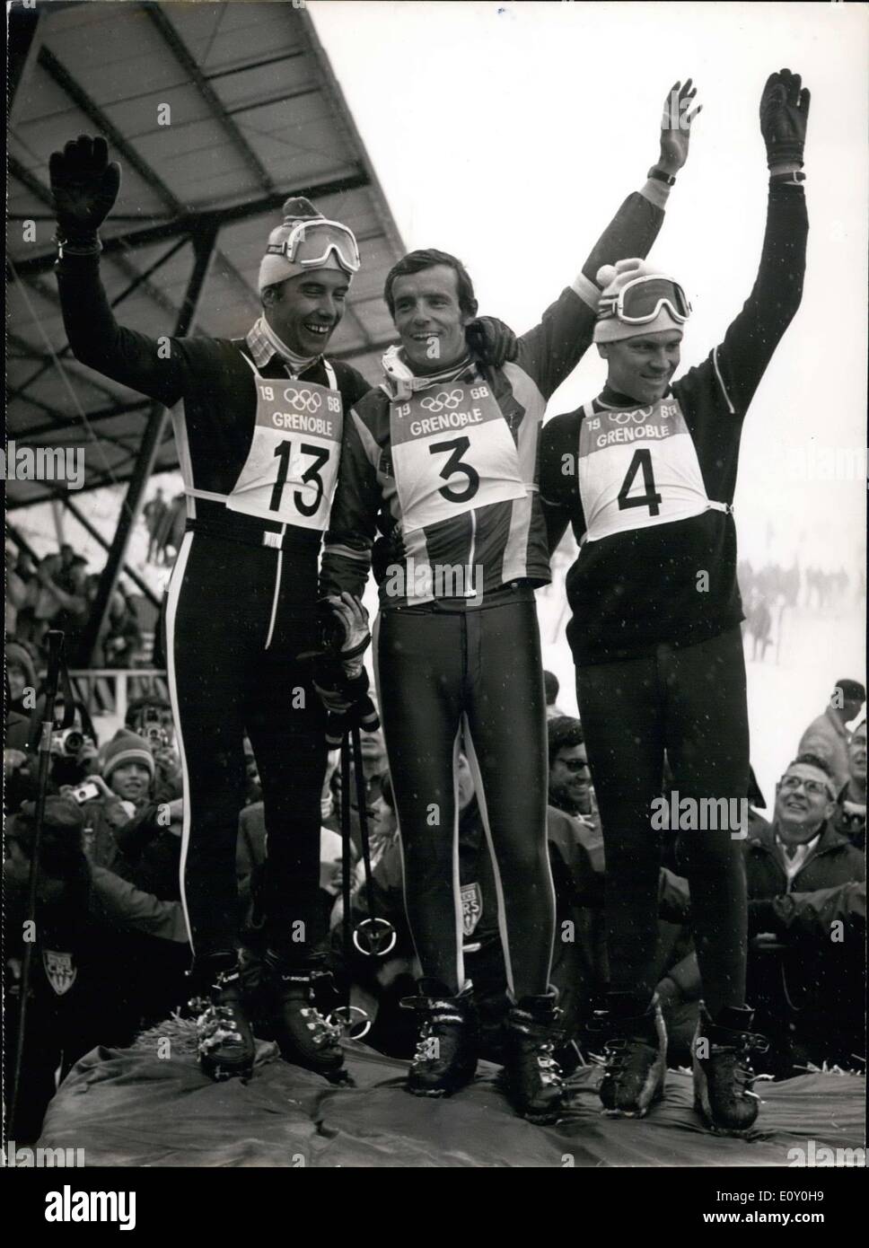 Le 13 févr. 1968 - Jean-Claude Killy est de la France. Willy Favre est à partir de la Suisse. Heinrich Messmer est de l'Autriche. Banque D'Images