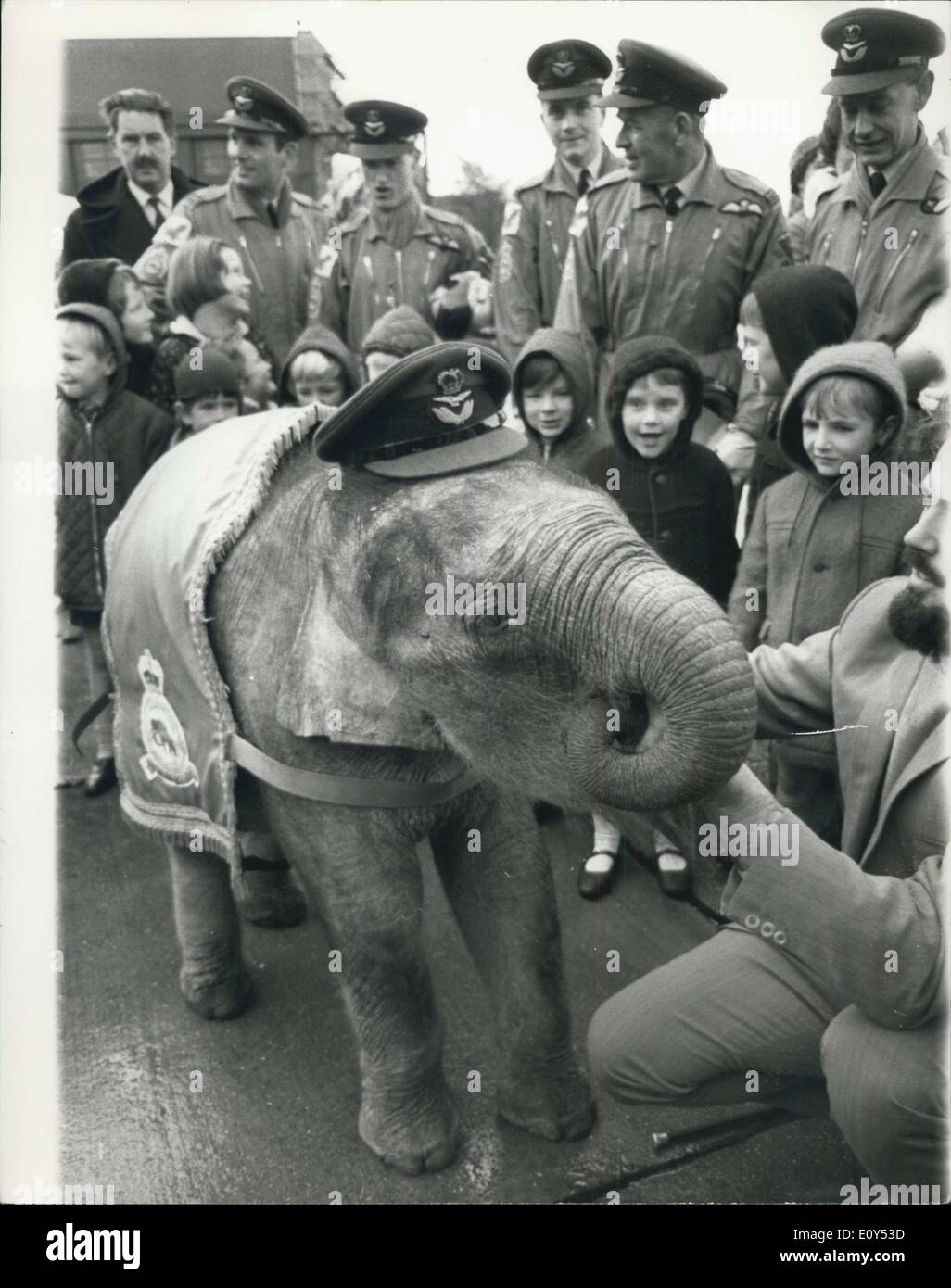 08 nov., 1968 - de la R.A.F. L'éléphant mascotte de l'Escadron adopte comme : n° 27 de l'Escadron de la R.A.F. Strike Command, a organisé un défilé aujourd'hui à la R.A.F. Gare Scampton, près de Lincoln, pour marquer l'adoption de ''Gosta'' une peine de huit mois de l'éléphant du Zoo Sherwood, Hucknall, Nottingham. Il est également le 53e anniversaire de la formation de l'Escadron. L'éléphant est commémoré dans No 27 de l'Escadron Insigne : il découle du premier avion avec lequel l'escadron a été équipée en 1915 l'Martinsyde Scout, plus tard d'être appelé l'éléphant Martinsyde en raison de son apparence lourde Banque D'Images