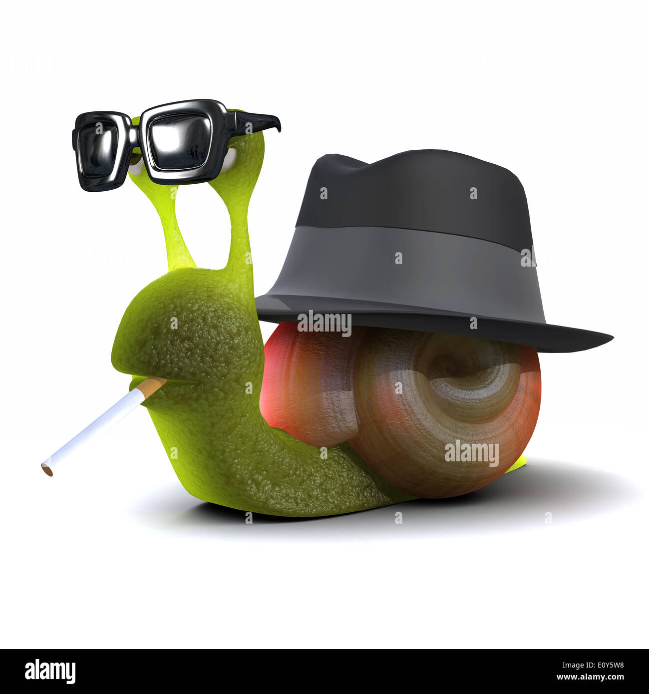 Le rendu 3D d'un escargot portant un trilby, fumer une cigarette. Banque D'Images