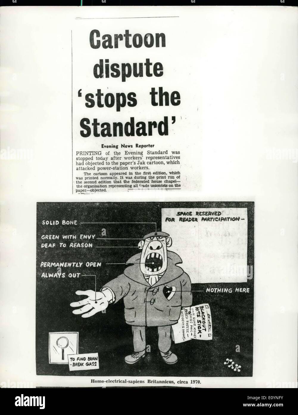 09 déc., 1970 des caricatures - ''Stops la norme''. C'est le cartoon Jak paru dans la première édition de l'Evening Standard. Impression de papier a été arrêté après les représentants des travailleurs s'est opposé à la caricature, qui a attaqué de travailleurs. C'est au cours de l'impression de la deuxième édition que les Etats fédérés chambre chapelle - l'organisation qui représente tous les syndicalistes sur le papier - s'est opposé. Banque D'Images