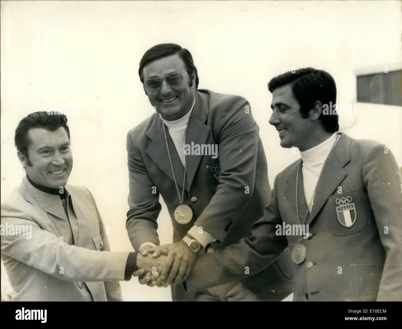 08 août 1972 - De gauche à droite : France's Michel Carrega a gagné l'argent ; l'Italie a remporté l'or ; et Scalzone le Bassagni l'Italie a remporté le bronze. Événements importants de 1952 Banque D'Images