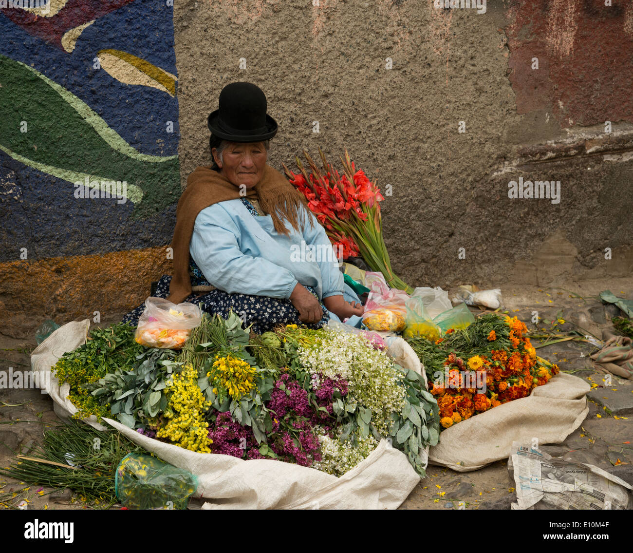 Femme Cholita bolivienne ou dans un marché aux fleurs à La Paz, Bolivie. Banque D'Images