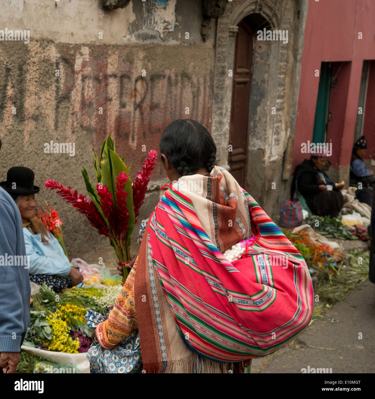 Femme Cholita bolivienne ou, à l'aide d'une élingue à un marché aux fleurs à La Paz, Bolivie. Banque D'Images