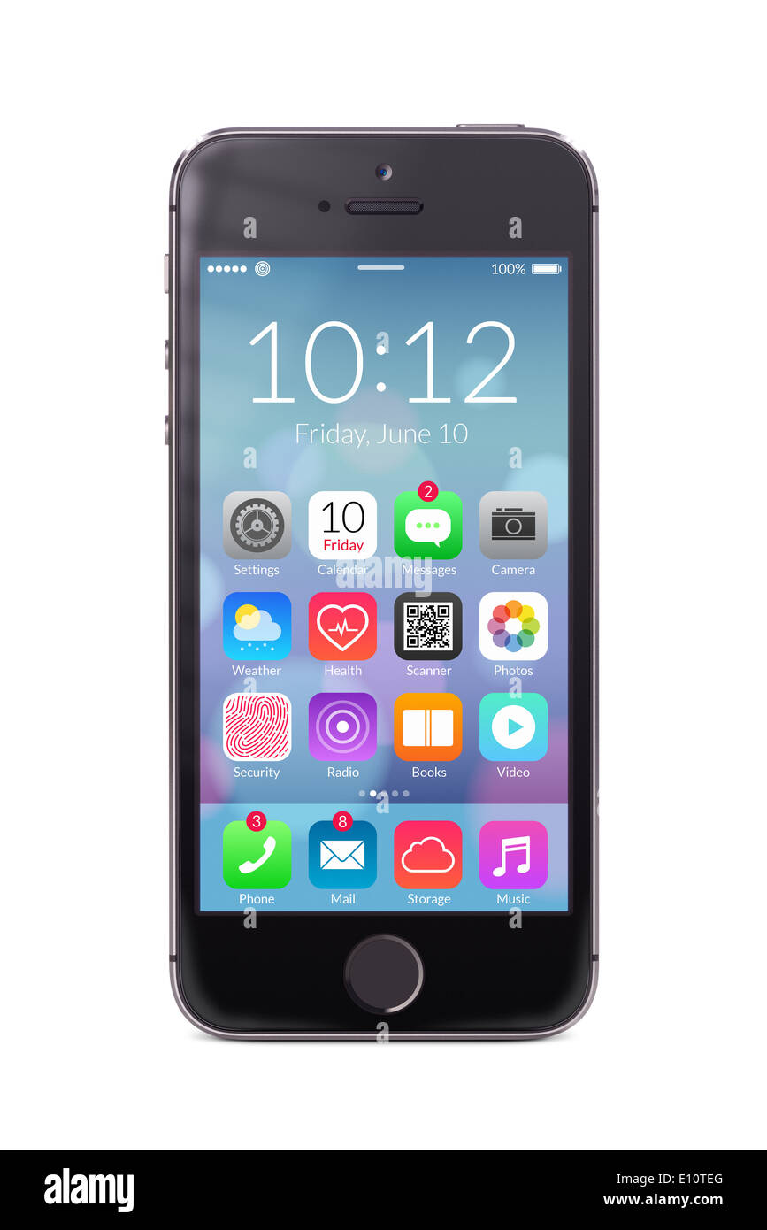 Vue de face directement black téléphone intelligent avec plate les icônes de l'écran isolé sur fond blanc. Banque D'Images
