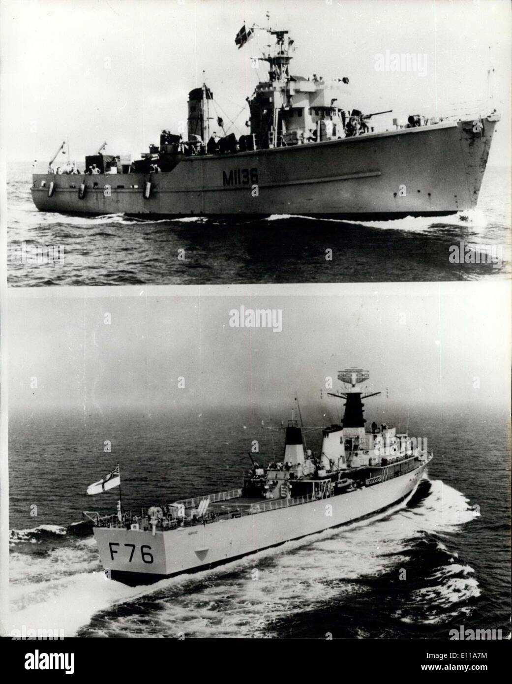 21 septembre 1976 - Deux marins ont été tués et dix avaient disparu la nuit dernière après le Royal Naval Reserve démineur le Fittleton, 360 tonnes, est entré en collision au large du nord de la Hollande avec la frégate, sirène, 2 300 tonnes. Toutes les victimes étaient de l'Fittleton, qui chavire et coule. Trente deux survivants de l'Fittleton, trois d'entre eux blessés, ont été arrêtés par la sirène, qui était pratiquement intact. Les deux navires ont pris part à l'exercice de l'OTAN ''équipe'', qui implique le personnel de 80 000, 275 navires et 900 avions de neuf pays Banque D'Images