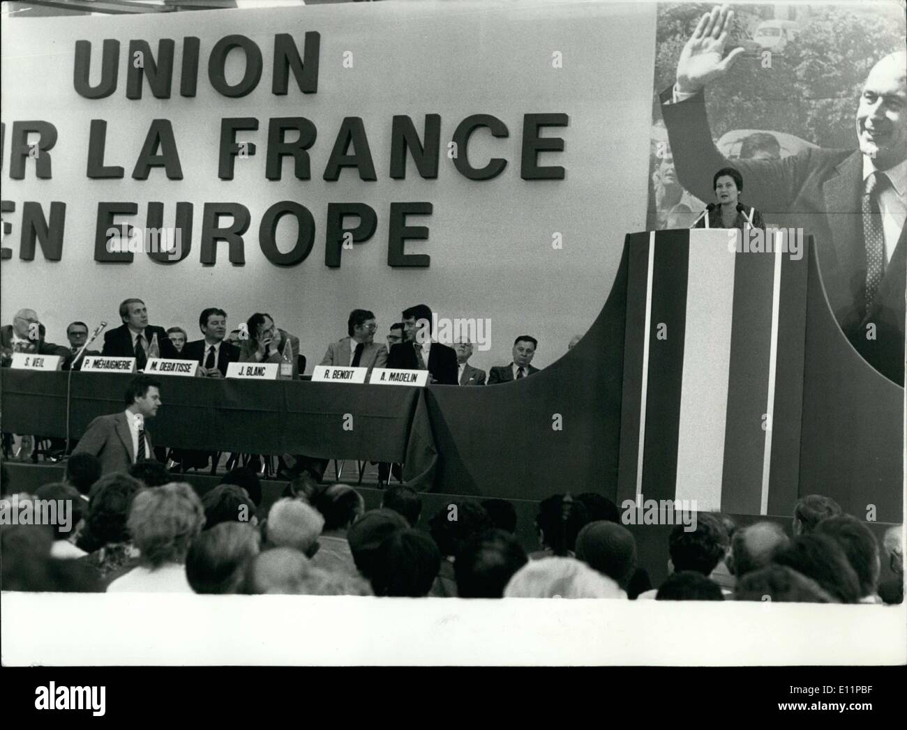 20 mai 1979 - Réunion à assis, de gauche à droite : René Pleven, Mehaignerie, Debatisse, Blanc, Benoit, et Madelin. Banque D'Images