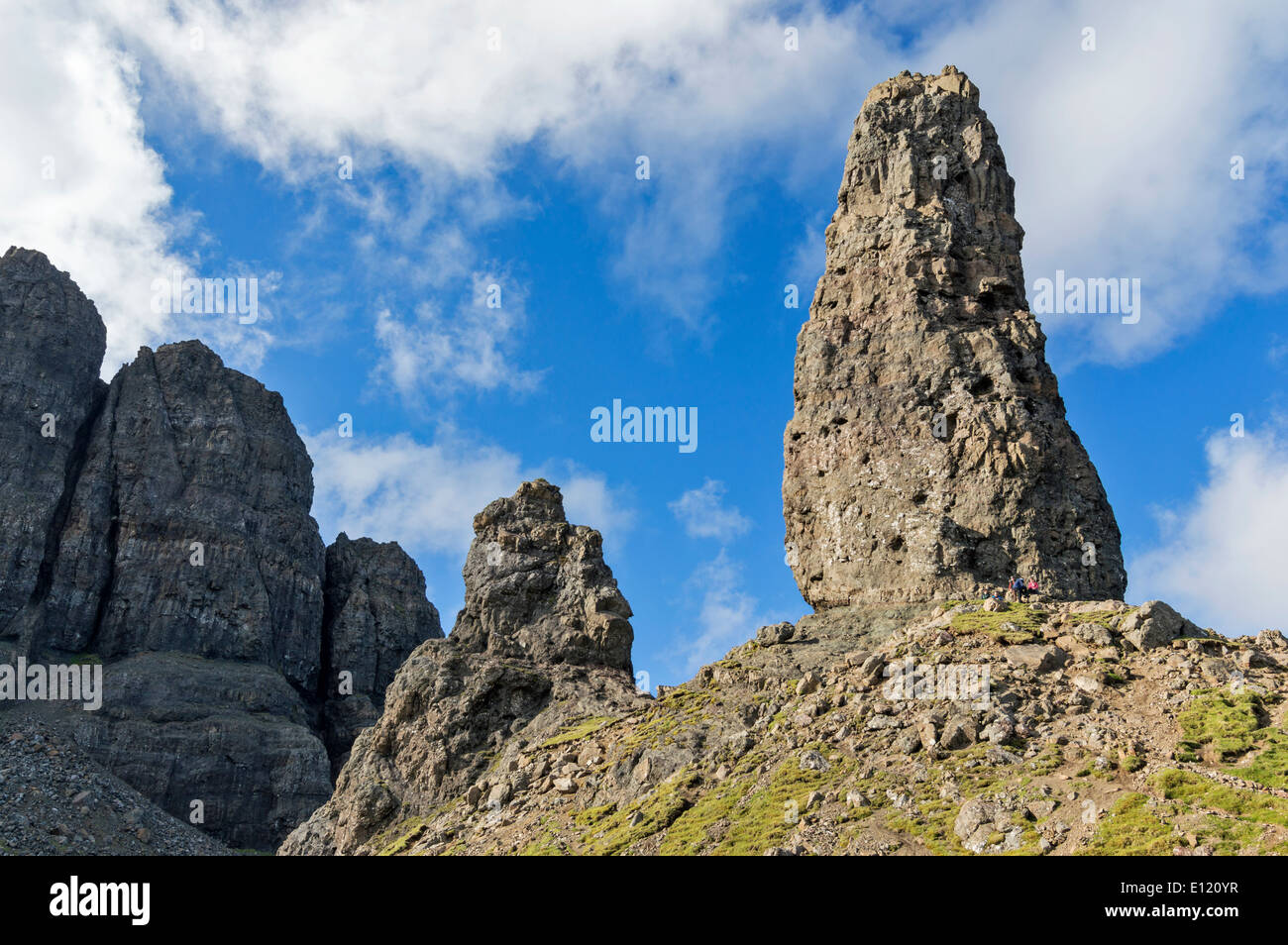 Le STORR ET VIEIL HOMME DE STORR avec des promeneurs, À LA BASE DE LA COLONNE DE SKYE ECOSSE Banque D'Images