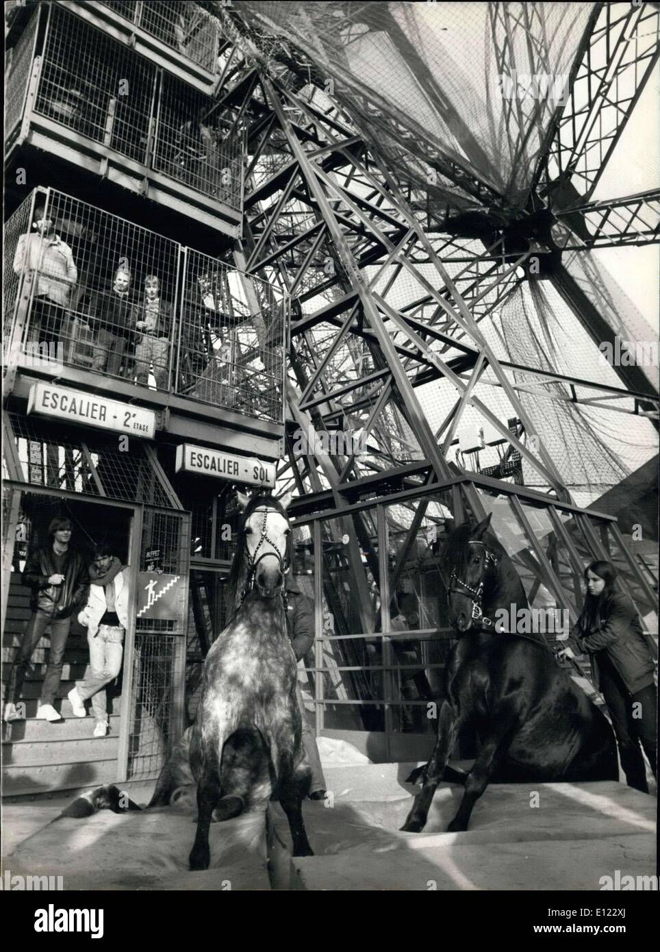 30 novembre 1983 - Chevaux alla sur le premier niveau de la Tour Eiffel pour l'ouverture de la foire du cheval à Paris. Banque D'Images