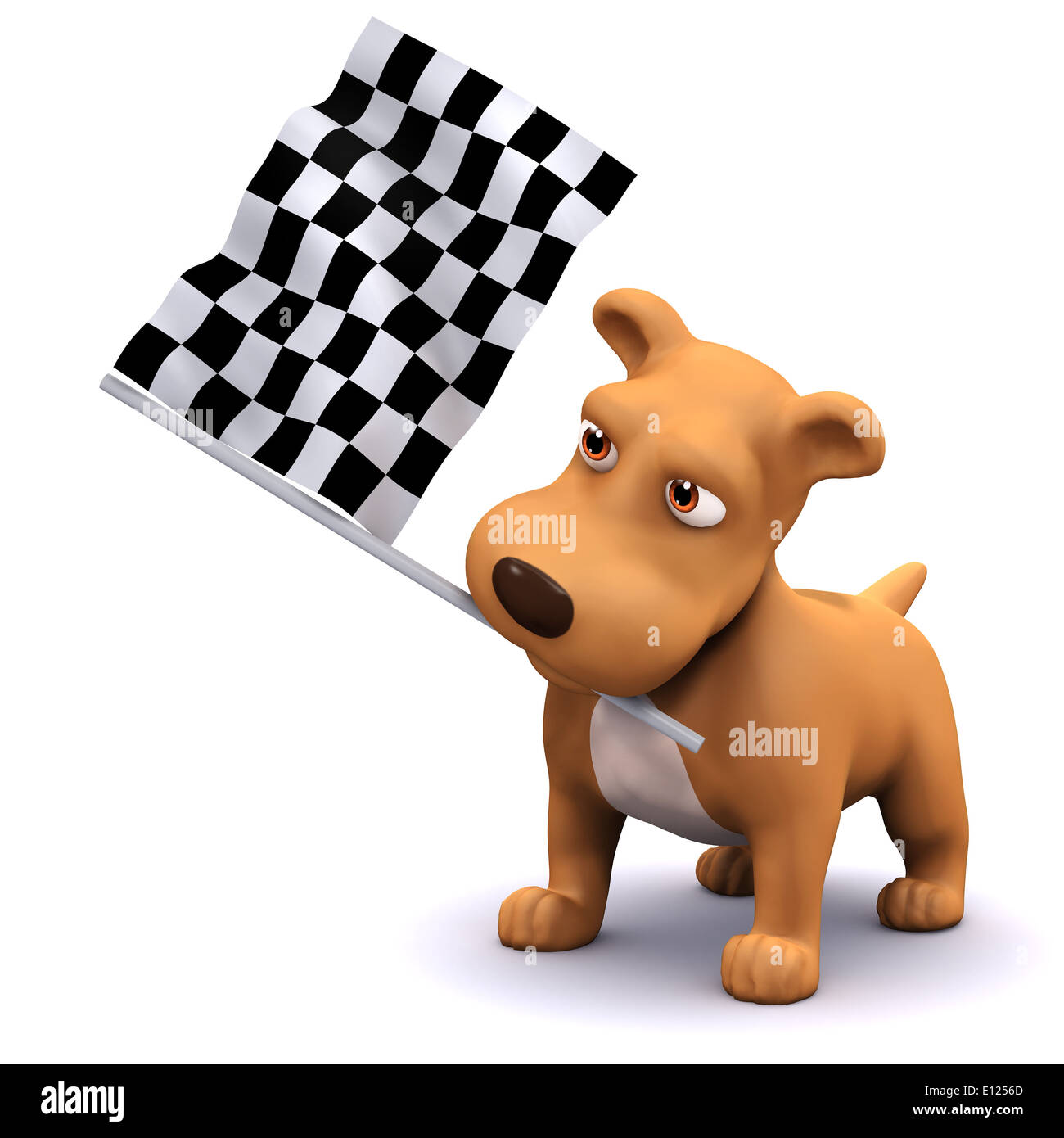 3D render of a dog en agitant le drapeau à damier Banque D'Images
