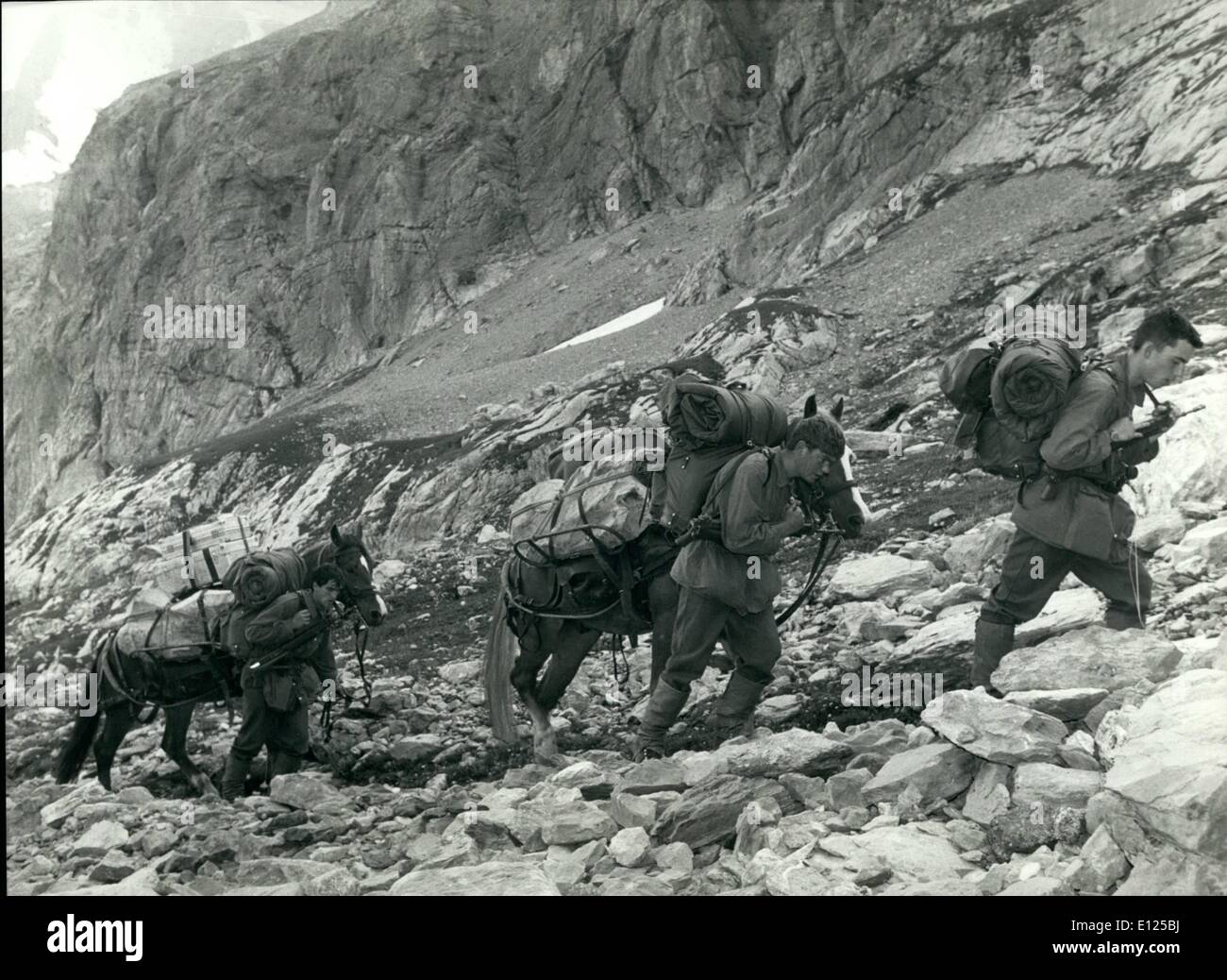 Septembre 09, 1991 - Radio suisse sur les montagnes : soldat Suisse mène  les chevaux d'un Army Service Corps sur la route vers le col Panixer sur  2400 mètres au-dessus du niveau
