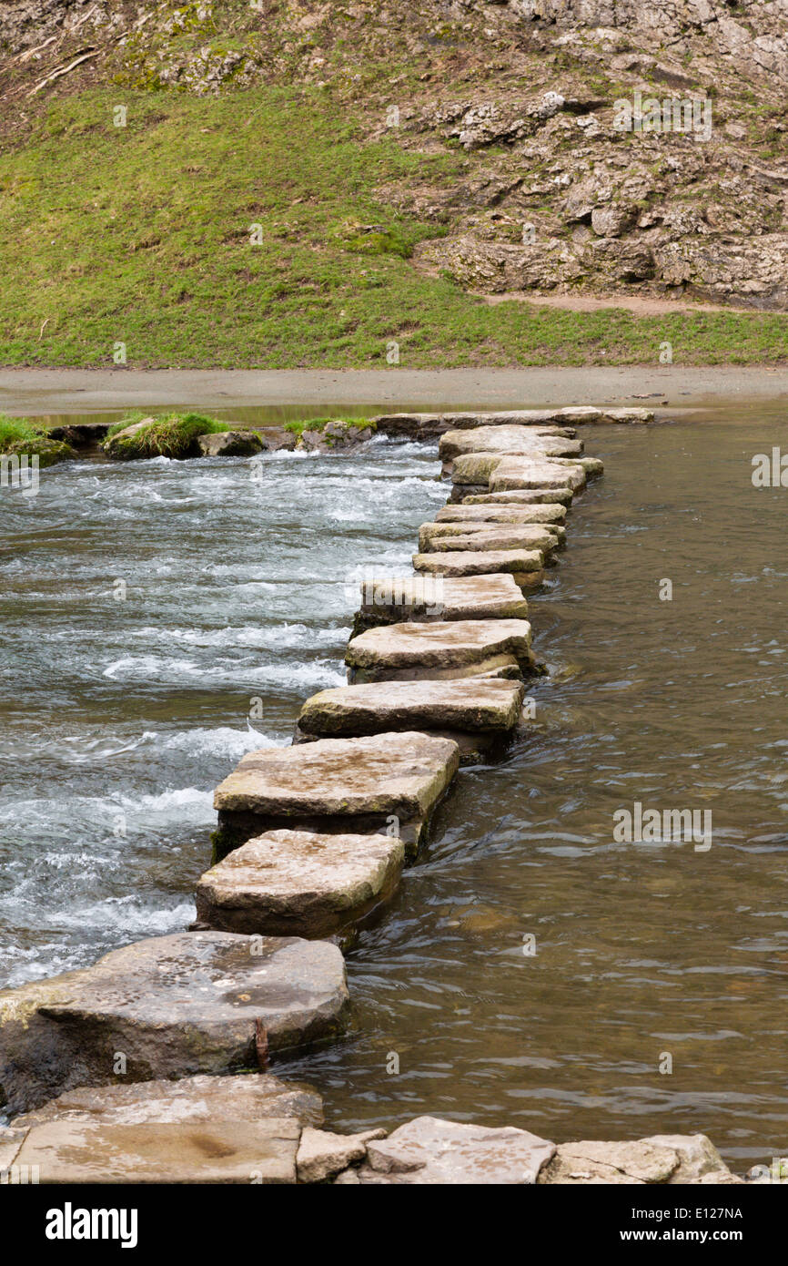 Stepping Stones sur la rivière Dove, Dovedale, Peak District, Derbyshire, Angleterre Banque D'Images