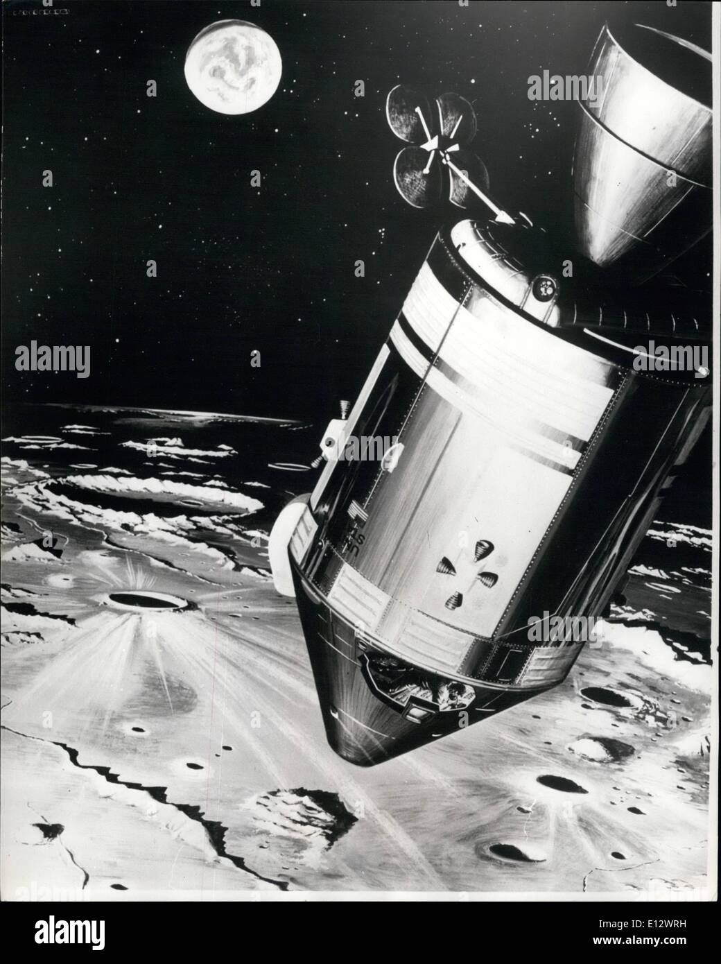 Le 26 février 2012 - Apollo 8 Lune vol ; photo montre un concept de l'artiste montre le vaisseau Apollo 8 en orbite de la Lune. Au cours de la mission, A. Anders, le module lunaire (LM), pilote et James A. Lovell, Module de commande (CM) -pilote doivent photographier la surface de la lune et faire des observations historiques et autres observations. Centre de l'espace le 21 décembre, et est dû pour aller en orbite autour de la lune la veille de Noël. Banque D'Images