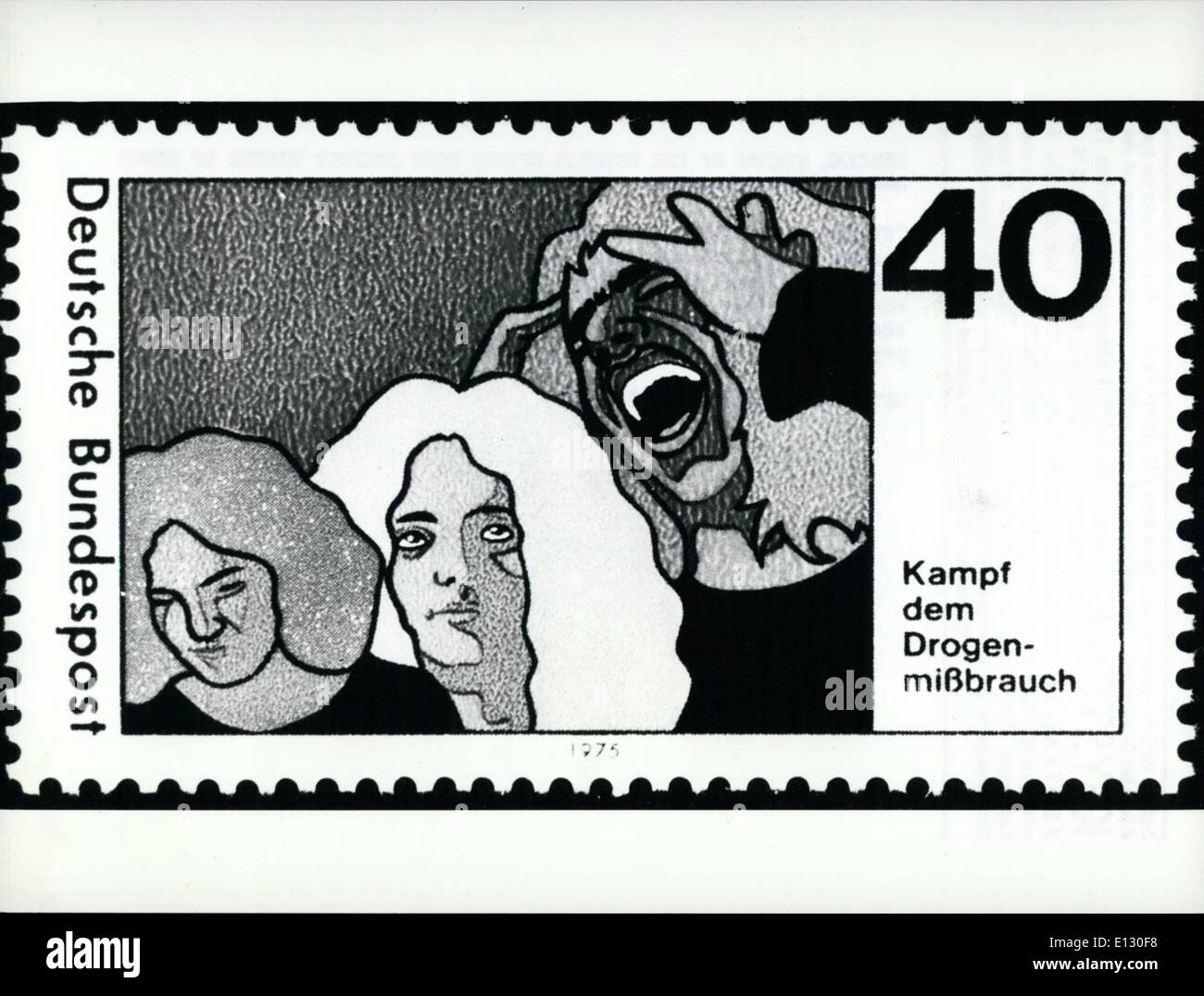 Le 26 février 2012 - timbres spéciaux de la poste allemande contre l'abus de drogues. Lutte contre l'abus de drogues, l'impression sur le timbre spécial de la poste fédérale, qui sera publié le 14 août 1975. Avec ces timbres la poste apporte sa contribution à la campagne du gouvernement fédéral contre l'abus des drogues et de la drogue. Les trois chefs sur le timbre photo de suite la norme psychologique des situations d'un consommateur de drogues. Banque D'Images