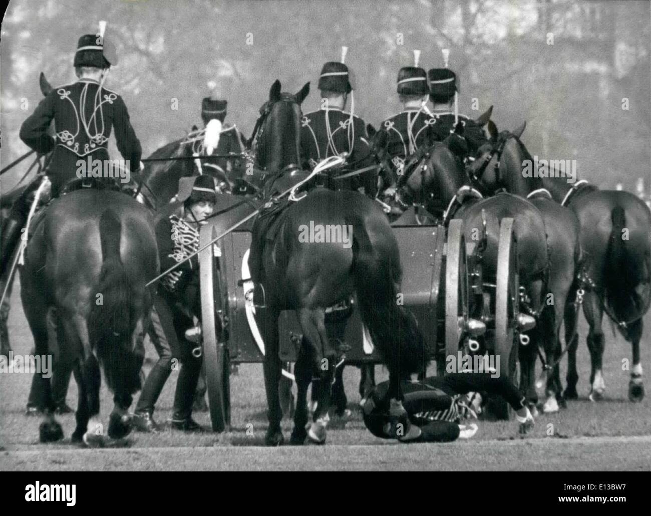 29 février 2012 - 10,5067 Revue de la troupe du Roi, Royal Horse Artillery par la Reine du Hyde Park. L'examen de la troupe du Roi, Royal Horse Artillery par Sa Majesté la Reine a eu lieu aujourd'hui à la place des Gardes, Hyde Park. La Reine était accompagnée par le roi Faisal d'Arabie saoudite (qui sont arrivés ici hier une visite d'État), et le duc d'Édimbourg. Photo montre : un membre d'une équipe de pièce tombe de son cheval lors d'un affichage en face de la Reine aujourd'hui. Banque D'Images